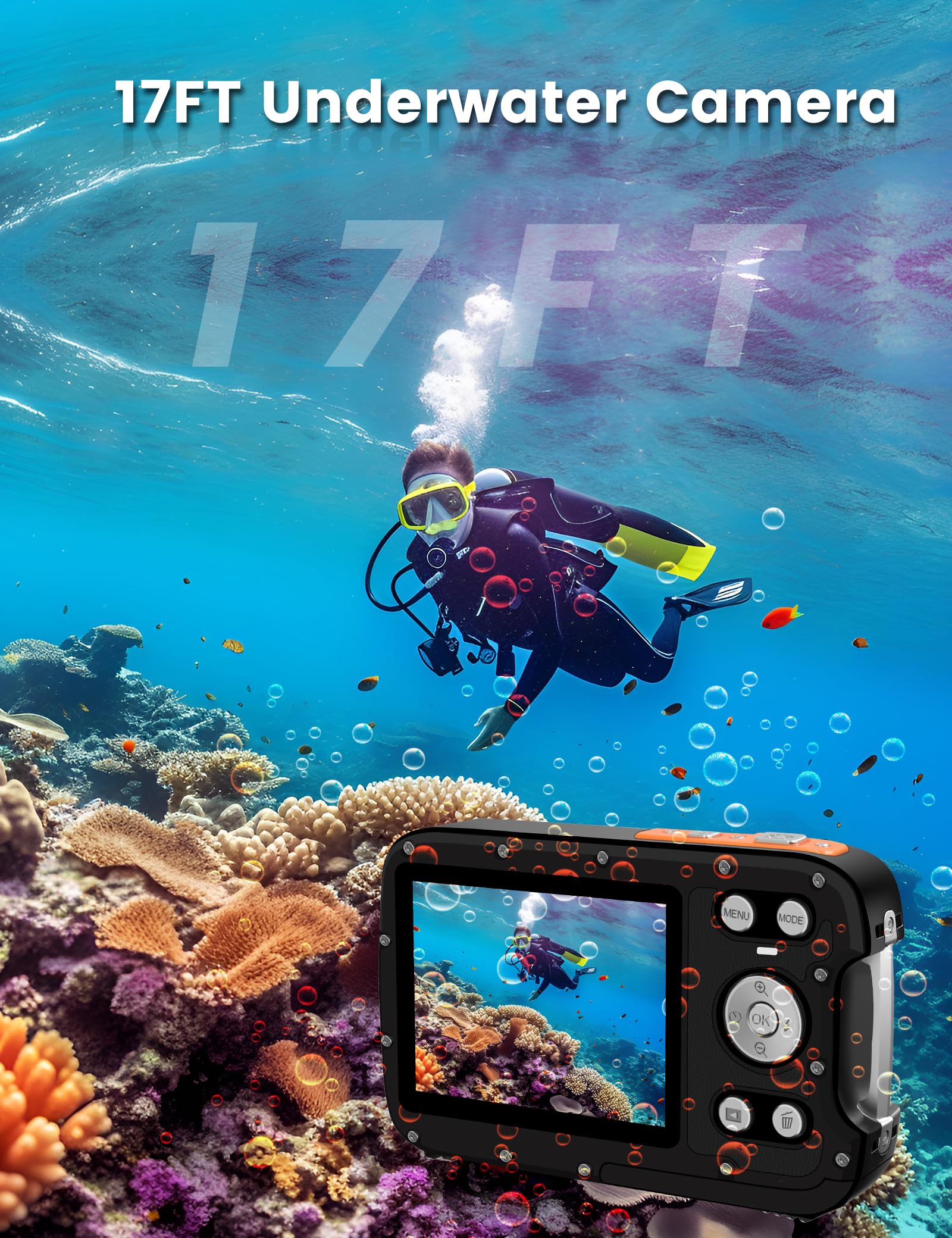 Unterwasserkamera 4K 48MP Autofokus Selfie Dual Screen Wasserdicht mit schwimmendem Gurt und 32GB Karte, 4,3 m kompakte wasserdichte Digitalkamera zum Schnorcheln
