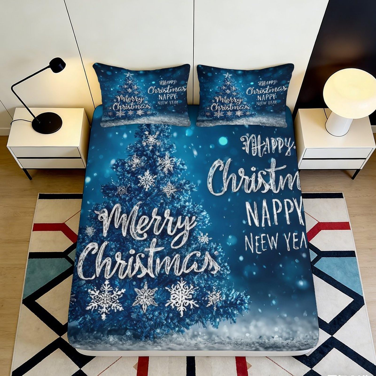 Pnayamiorkfel Style-1 3D Printed Blue Christmas Tree Fitted Sheet Microfiber Snowflake Bed Cover Non Slip Easy Care For Bedroom Guest Room Decor 90X200x25cm
