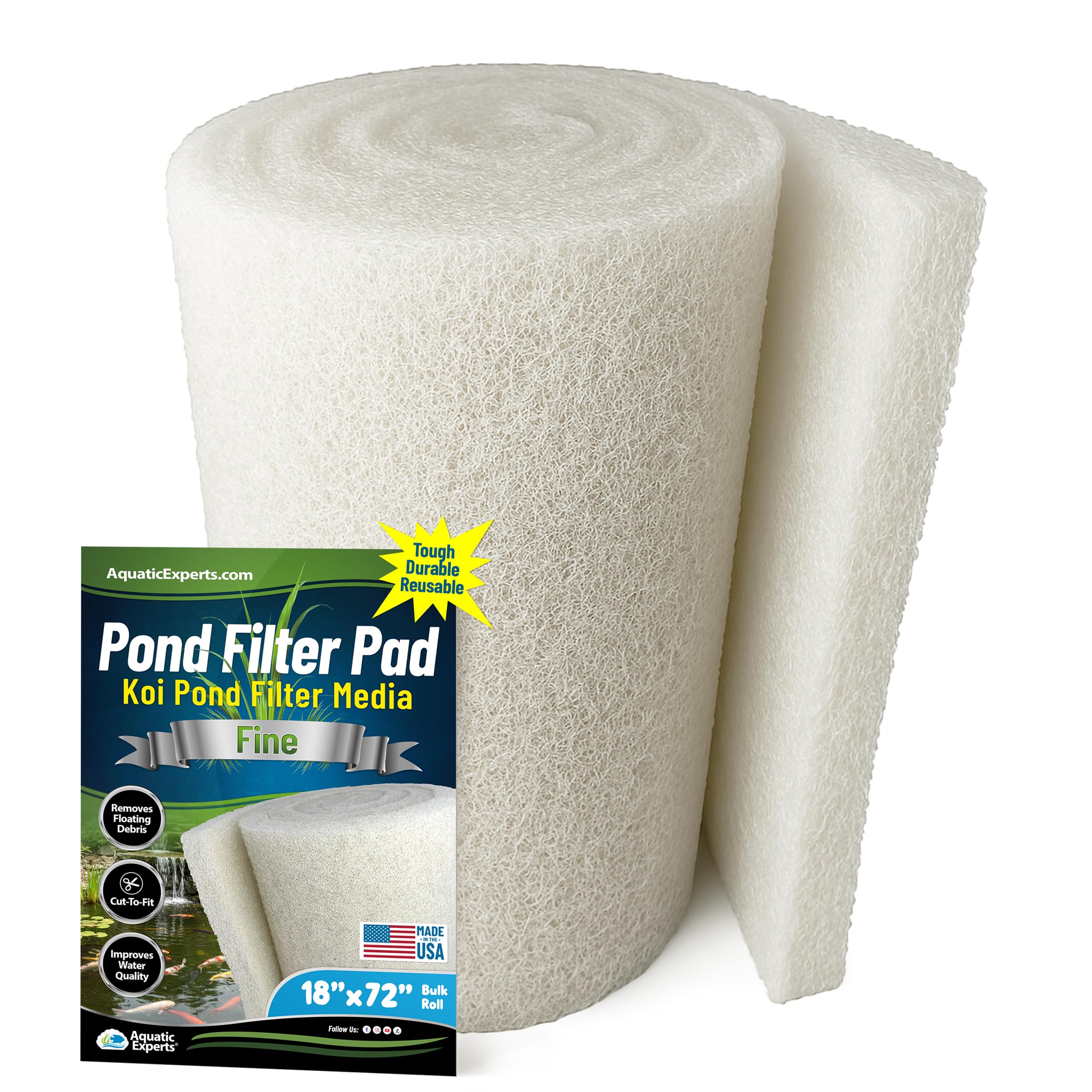 Aquatic Experts Classic Koi Pond Filter Pad FINE - White Bulk Roll Pond Filter Media, Ultra-Durable Pond Filters for Outdoor Ponds, Reusable Fish Pond Filter Material, USA, (3/4" - 1" x 18" x 72")