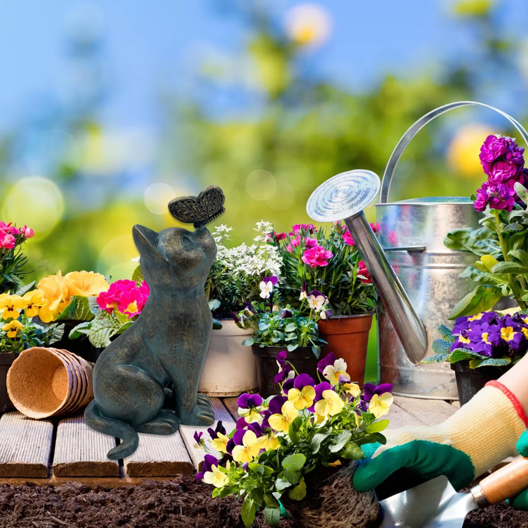 Statue da giardino per gatti, 20 cm/7,9 pollici di figurine per gatti con farfalla, ornamento per la scultura di gatti decorativi del paesaggio da giardino per decorazioni per prato da giardino