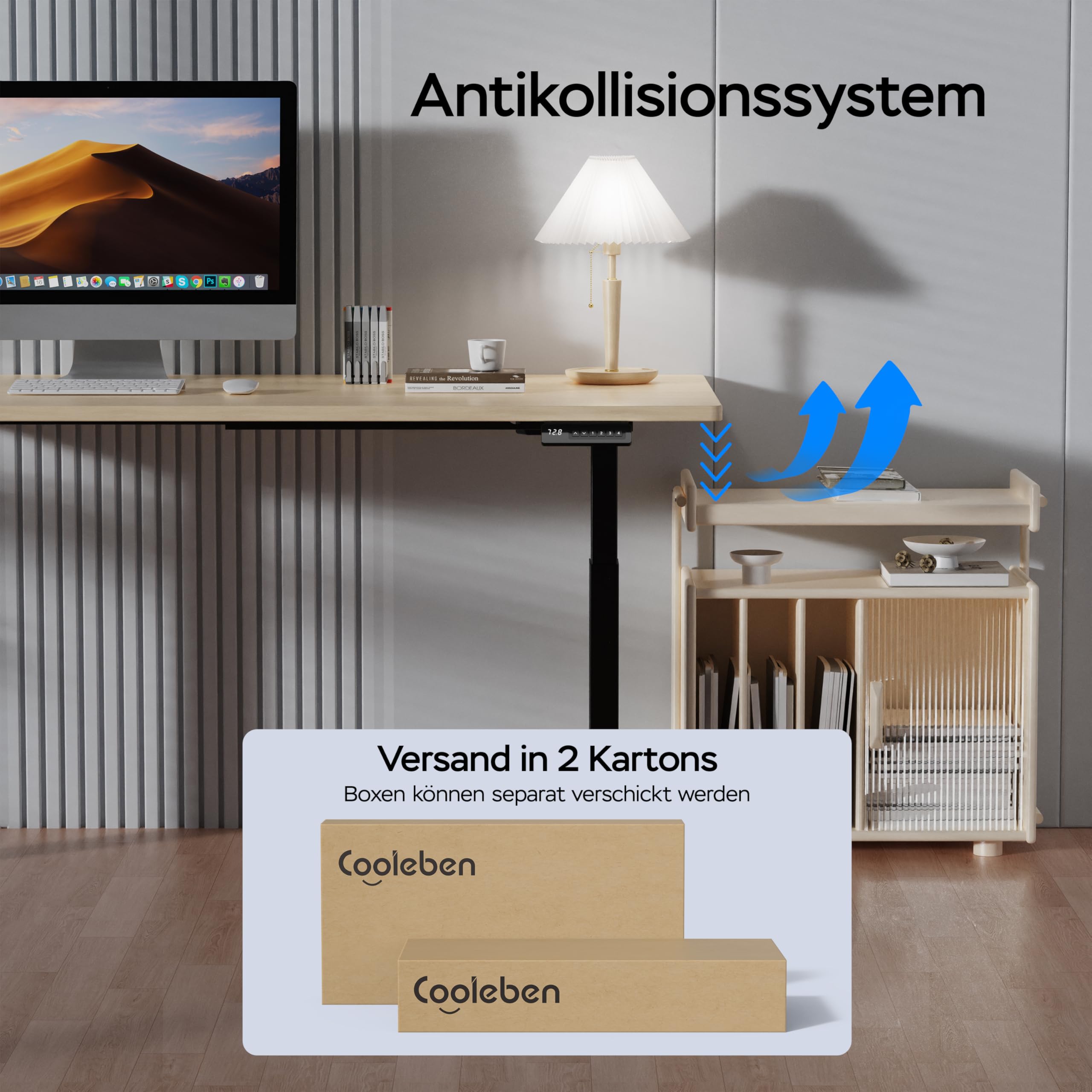 Höhenverstellbarer Doppelmotor Schreibtisch 25MM Einteilige Tischplatte, Intelligente Steuerung mit 4 Speicher1 35kg Tragfähigkeit, Leise <45dB (Beige + Schwarz, 160cmX80cm)