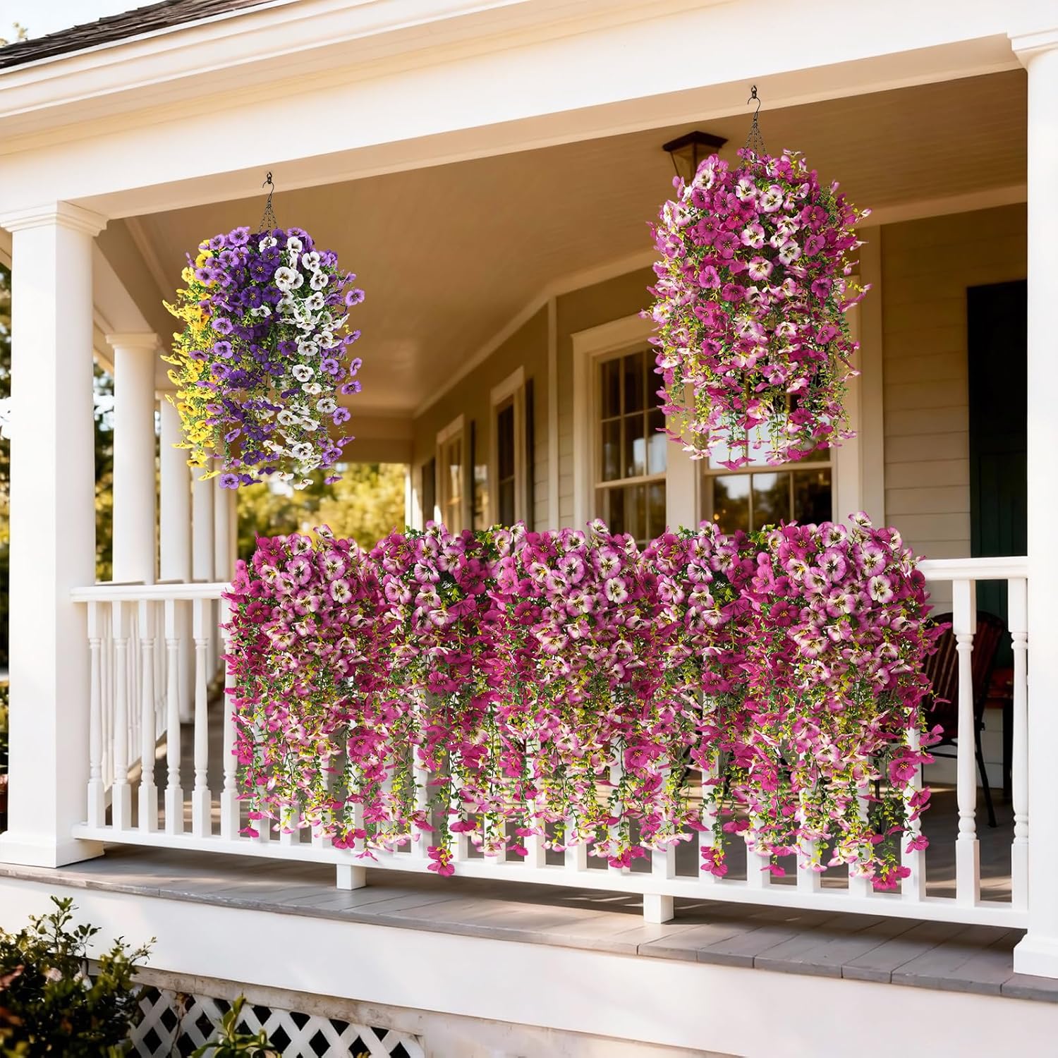 Fake Artificial Flowers for Outdoors, 4 Pcs Faux Hanging Pansy Flowers Spring Summer Decor, UV Resistant Fake Plants Silk Flower for Planter Front Door Porch Patio Yard Garden(Gradient Double Pink)