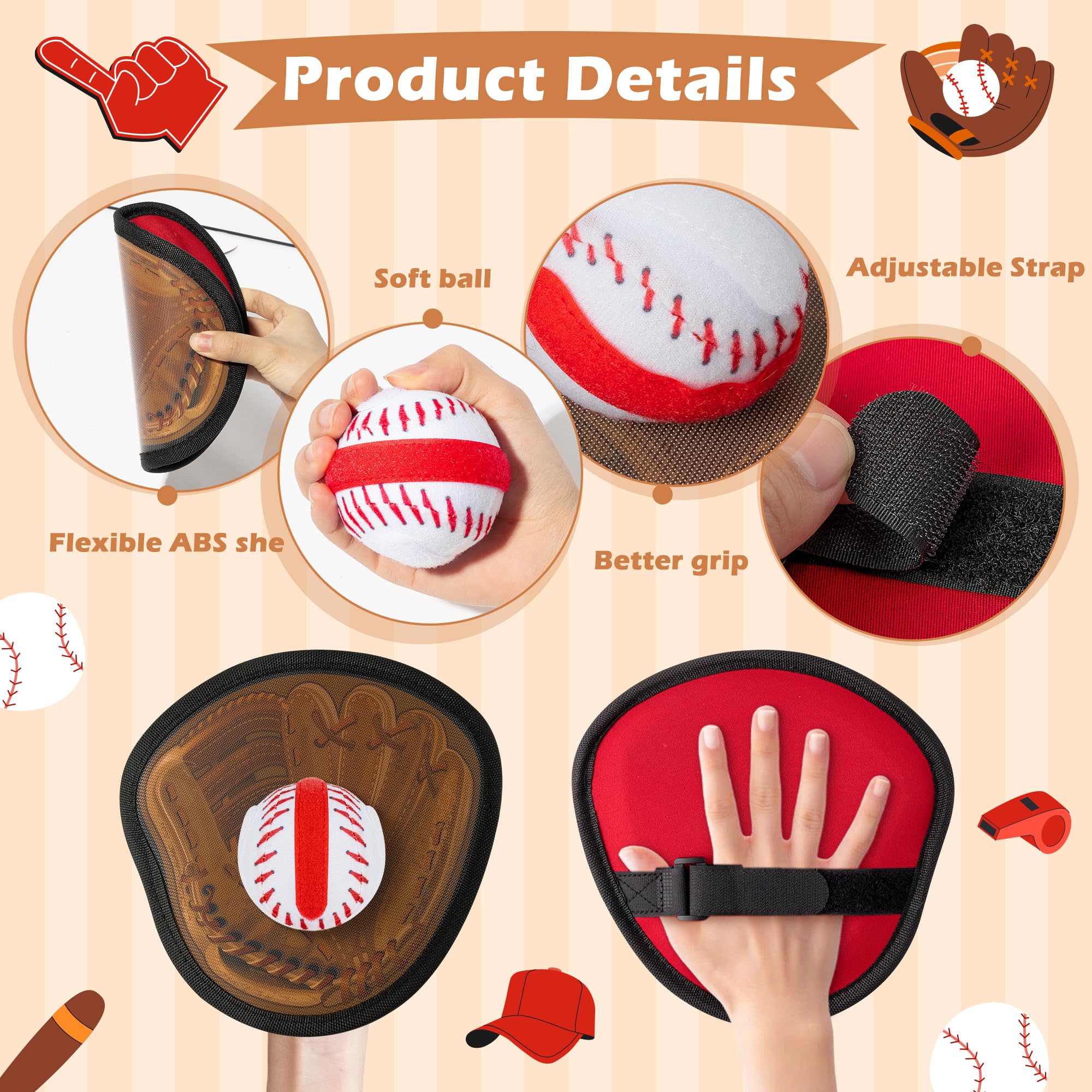 Baseball Klettballspiel für Kinder, 4 Baseball-Handschuh-Paddel & 4 Klettbälle, Outdoor Ballspiel-Set für Jungen Mädchen Familienaktivität, Training Motorik & Koordination, Alter 3 4 5 6 7 8+