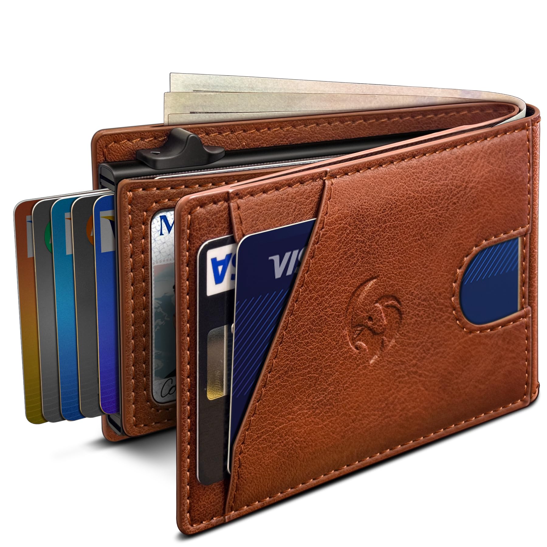 Photo 1 of Housmai Wallet for Men, Slim Pop Up Card Holder with RFID Blocking, Minimalist Bifold Wallet with 9 Card Slots, ID Window and Cash Pocket, Metal Flip Case with Magnetic Closure, Gift Box