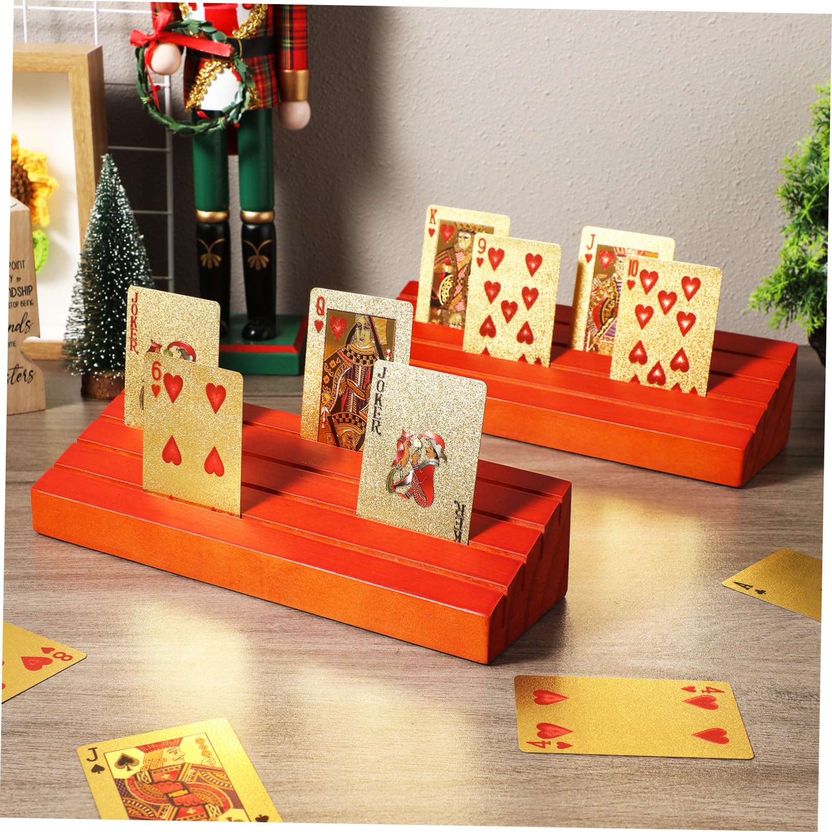 KOMBIUDA Porta Carte da Gioco in Legno Marrone, Base da Tavolo 2 Pezzi | Bridge, Esposizione Chiara, Giocata Semplice, Accessorio per Feste e Tavolo