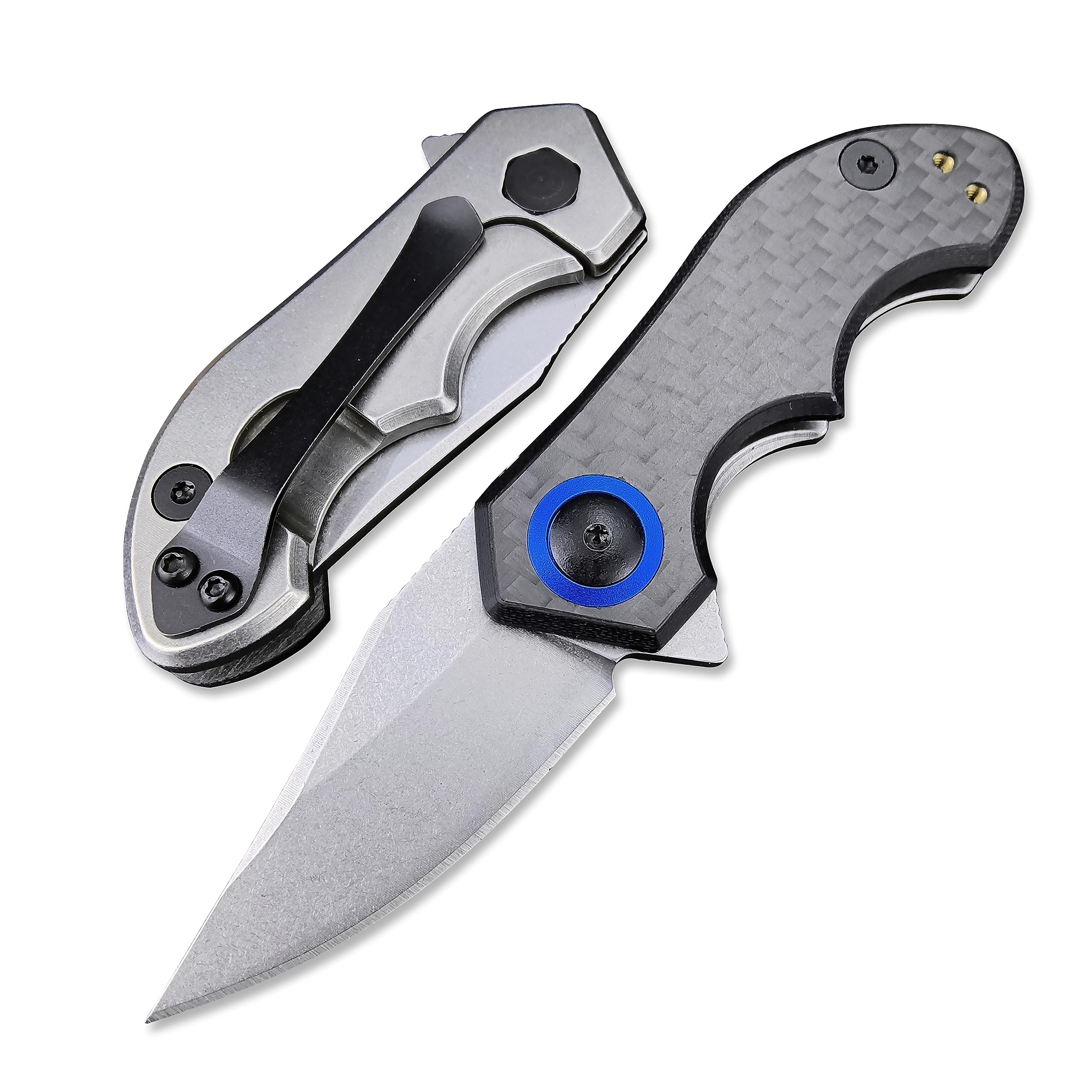 HEiLON Bearing Quick Opening Frame Lock Folding Flipper Knife 1.8" CPM-20CV Stonewashed Blade, Carbon Fiber and Titanium Handles Pocket Knife EDC