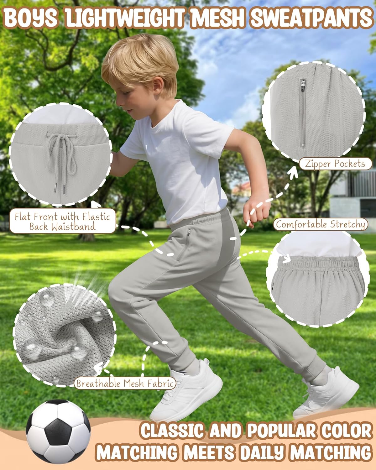 3 Pack Boys' Sweatpants Drawstring Athletic Workout Jogger Kids Youth Elastic Waist Active Pants with Zipper Pocket