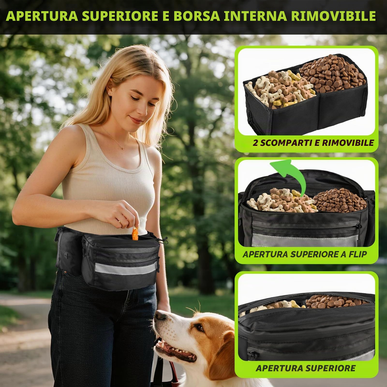 Sacchetti per Addestramento Cani Marsupio Cane con Tasca Porta Snack Rimovibile, Borsa Crocchette Porta Premietti per Cani con Dispenser per Sacchetti Igienici, Cintura Running