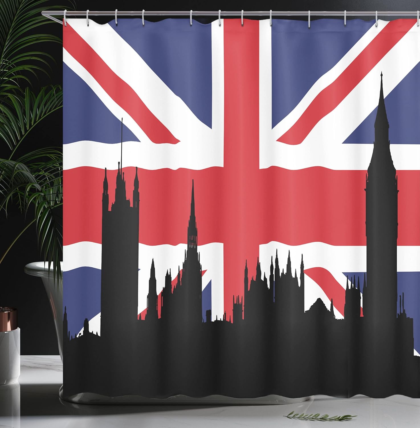 Ambesonne Union Jack Shower Curtain, Houses of The Parliament Silhouette on UK Flag Historic Urban Skyline, Cloth Fabric Bathroom Decor Set with Hooks, 69" W x 75" L, Royal Blue Black Red