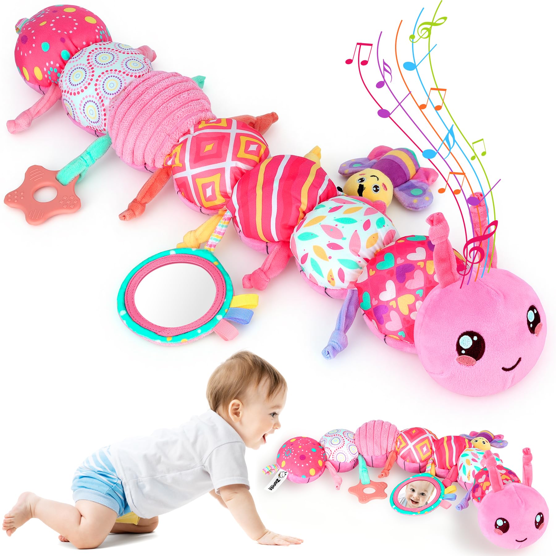 Baby Girls Toys 6-12 Months - Infant Sensory Music Animal Stuffed Caterpillar Toy with Rattle & Mirror Crinkle for Tummy Time, Newborn 0 3 6 9 12 18 Shower Gifts Soothing Companion Toys, Pink