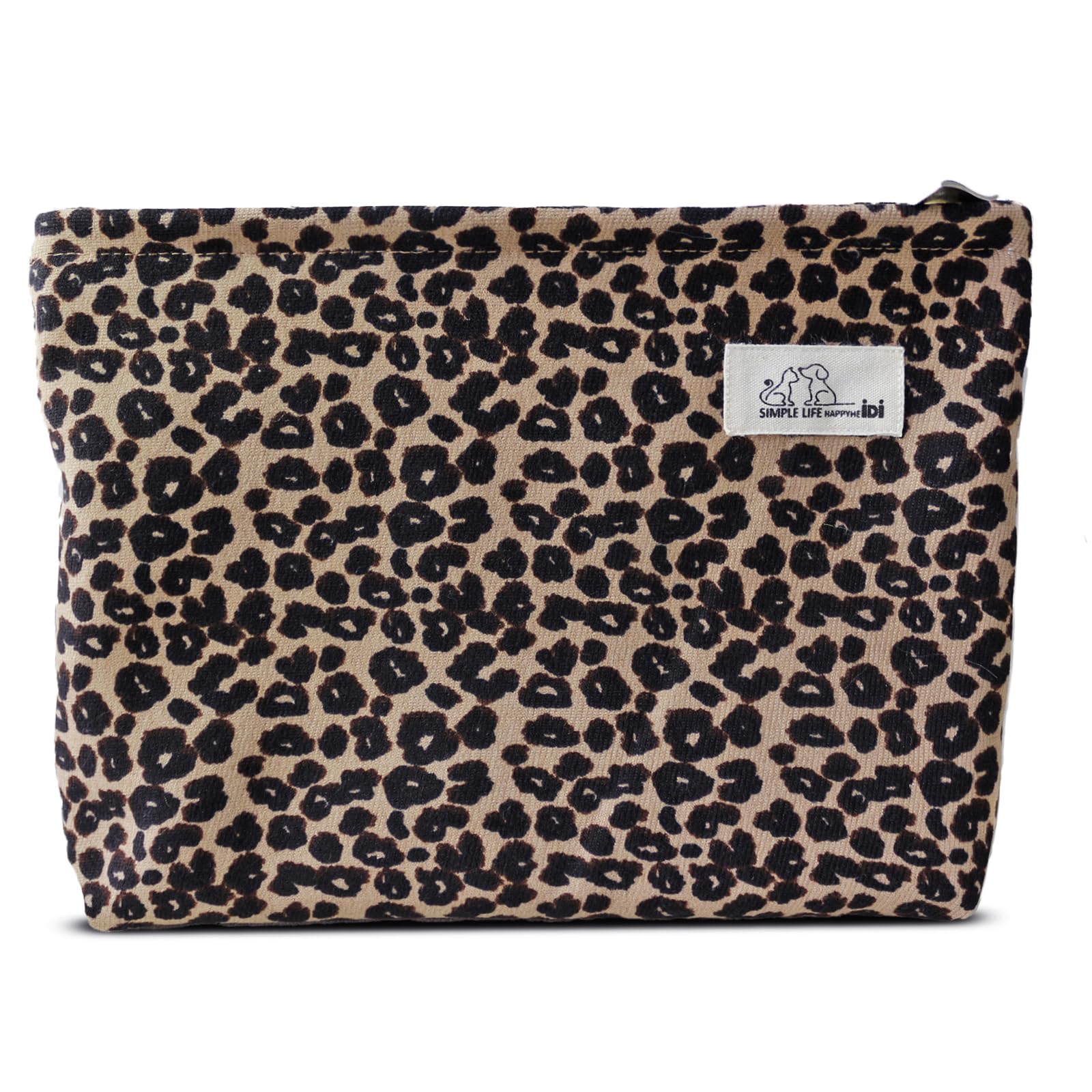 HAPPYHEIDI Large Makeup Bag Travel Cosmetic Pouch, Khaki Brown leopard | Slip Pocket, Fully Lined, Soft Aesthetic Fabric, Wide Opening, Flat Bottom, Slim Profile, Timeless Retro