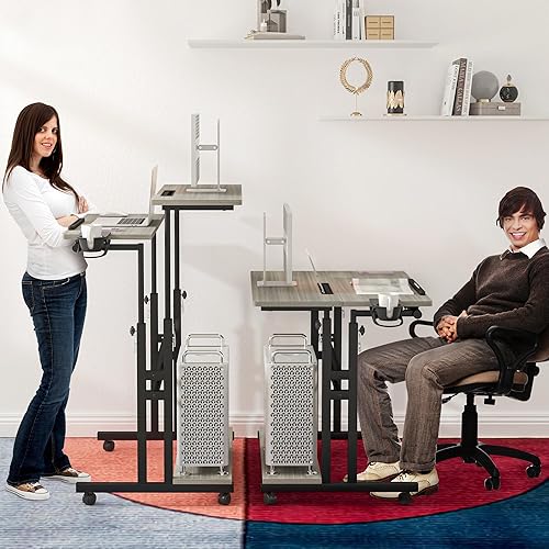 Vista 13 de Escritorio móvil de pie, escritorio ajustable para computadora con 3 escritorios, mesa portátil para laptop con soporte para tazas, estación