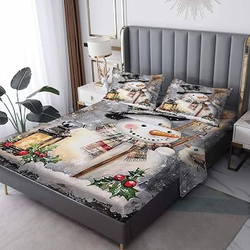 Queen Sheet Set Xmas Snowman - Christmas Holiday Bed Sheets - Winter Snowflake Sheet Set - 16 Inch Deep Pocket - Ultra Soft Winkle Free Microfiber Bedding Sheets & Pillowcases 4 Piece