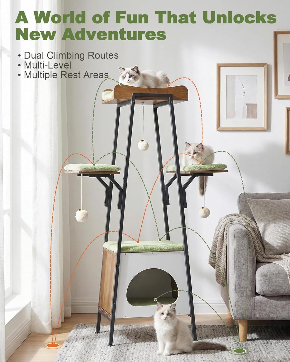 46-Inch Modern Cat Tree Tower for Large Cats, Multi-Level Cat Tower with Playful Toy Balls, Large Perch, Cat Condo, Removable Pads, Green