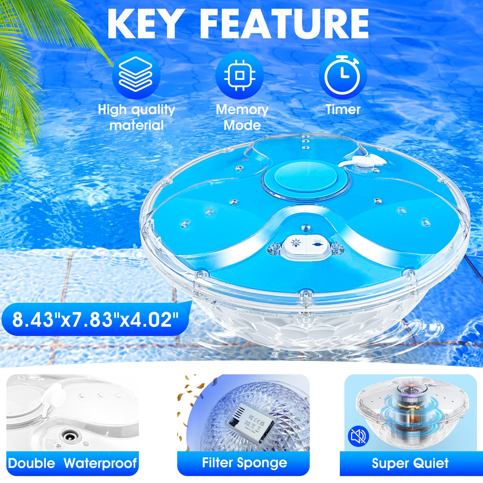 DeeprBling Fontana Galleggiante Piscina con Luci Subacquee, Fontana Piscina con Telecomando e Pulsanti, 2 Modalità di Spruzzatura e 7 Modalità di Luce LED, Fontana per Piscina con Ancora