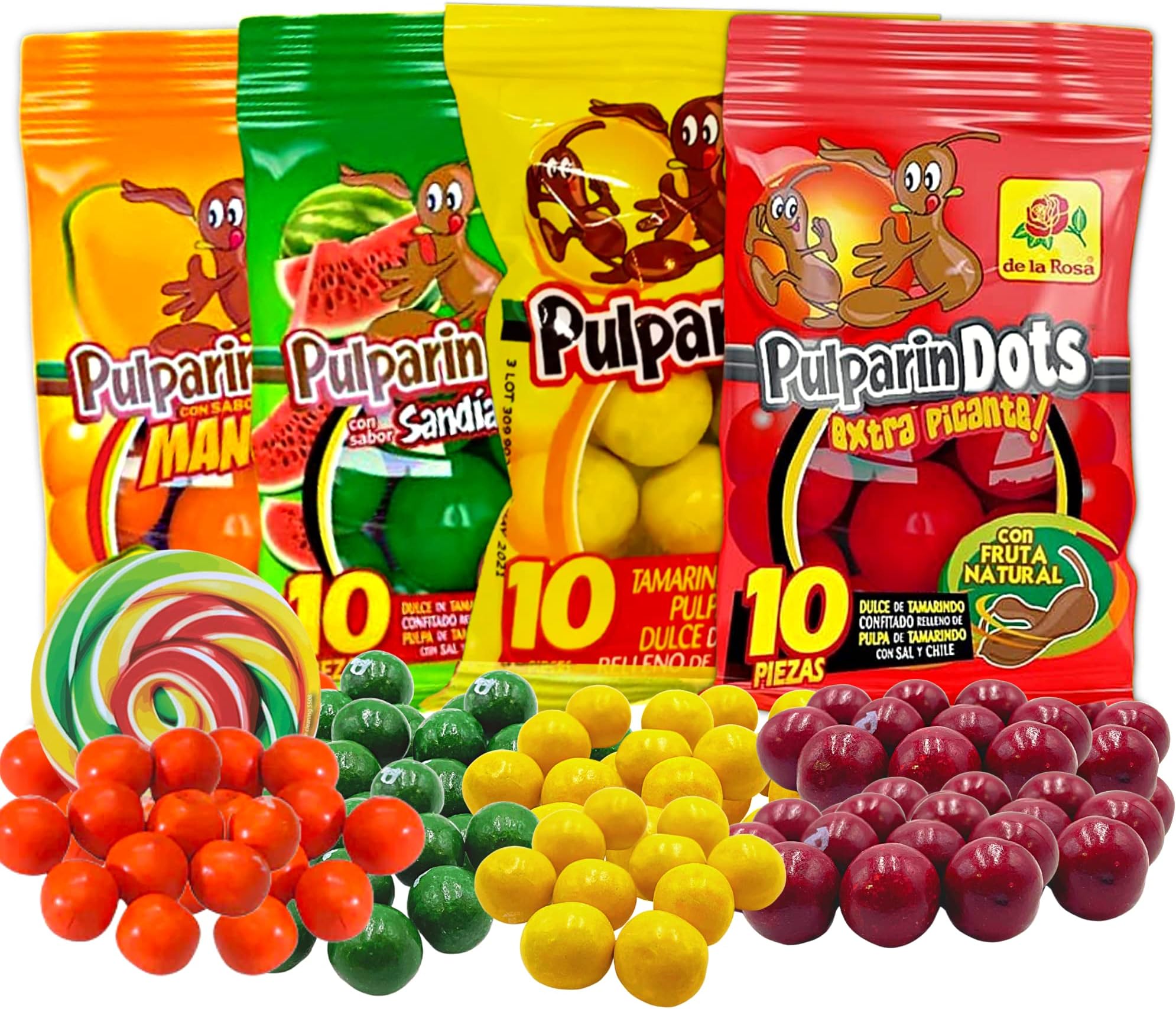 Sweet and Spicy Pulparindo Mexican Candy, Colorful Bite Size Hard Shell with Tamarind Pulp Center, Individual Single Serving Bags, Hispanic Candies, Pack of 4