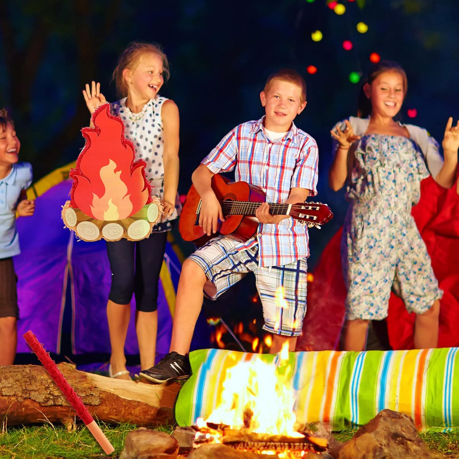 Sosation Camping Campfire Piñata Fake Flame with Blindfold and Stick Campfire Birthday Party Decoration Camping Adventure Baby Shower Confetti Set for Kids Boys and Girls, 16.1 x 10.2 x 2.8 Inch
