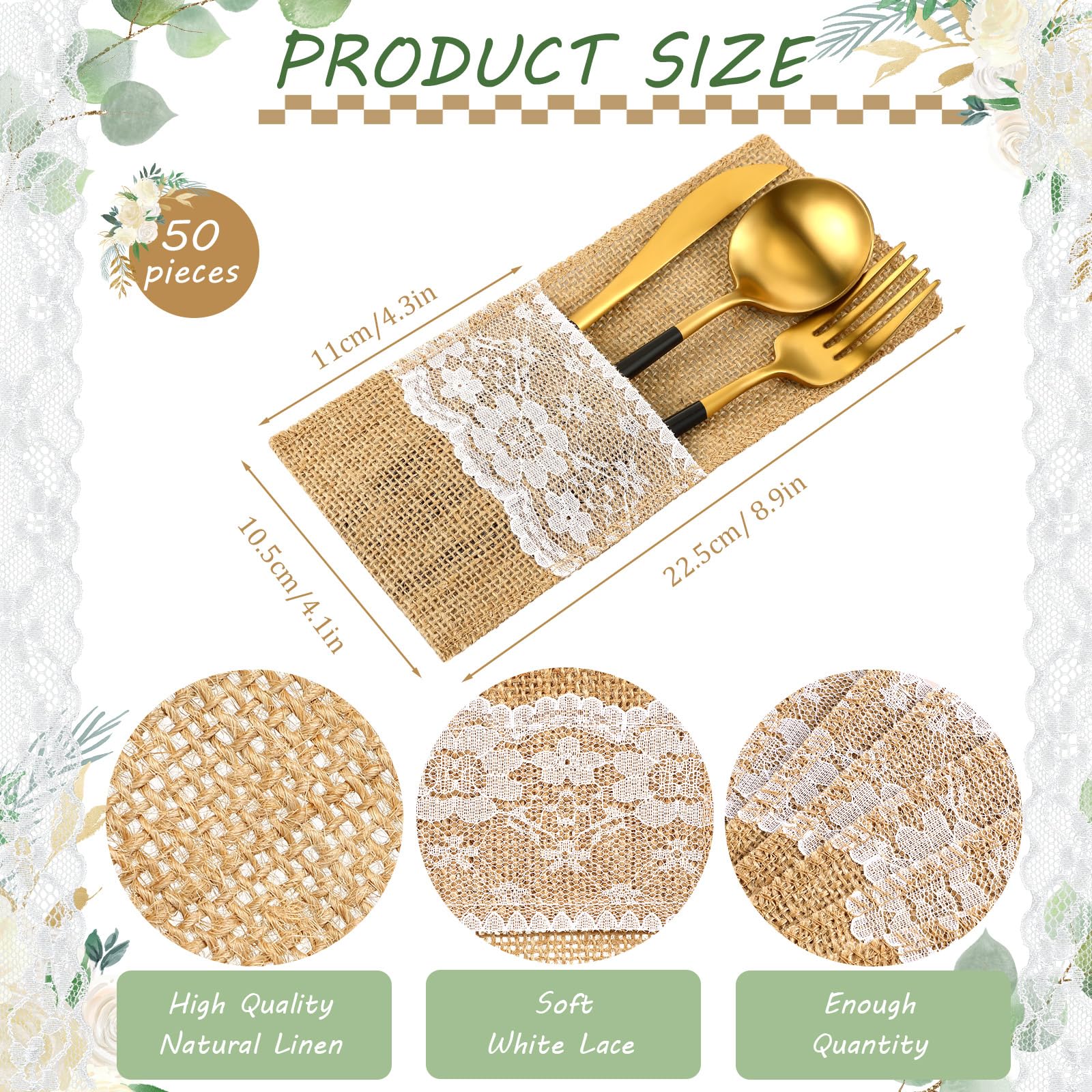 50 Porte-Couverts En Jute Avec Dentelle - 10.5x22.5cm | Pour Mariage, Anniversaire & Décoration Table