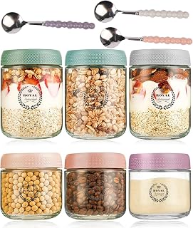 6-Pack 16oz & 10oz Overnight Oats Containers With Lid And Spoons.Wide Mouth With Airtight Lids,Glass Food Storage Containers For Chia Seed Pudding, Snacks, Yogurt, Salaad, Sugar