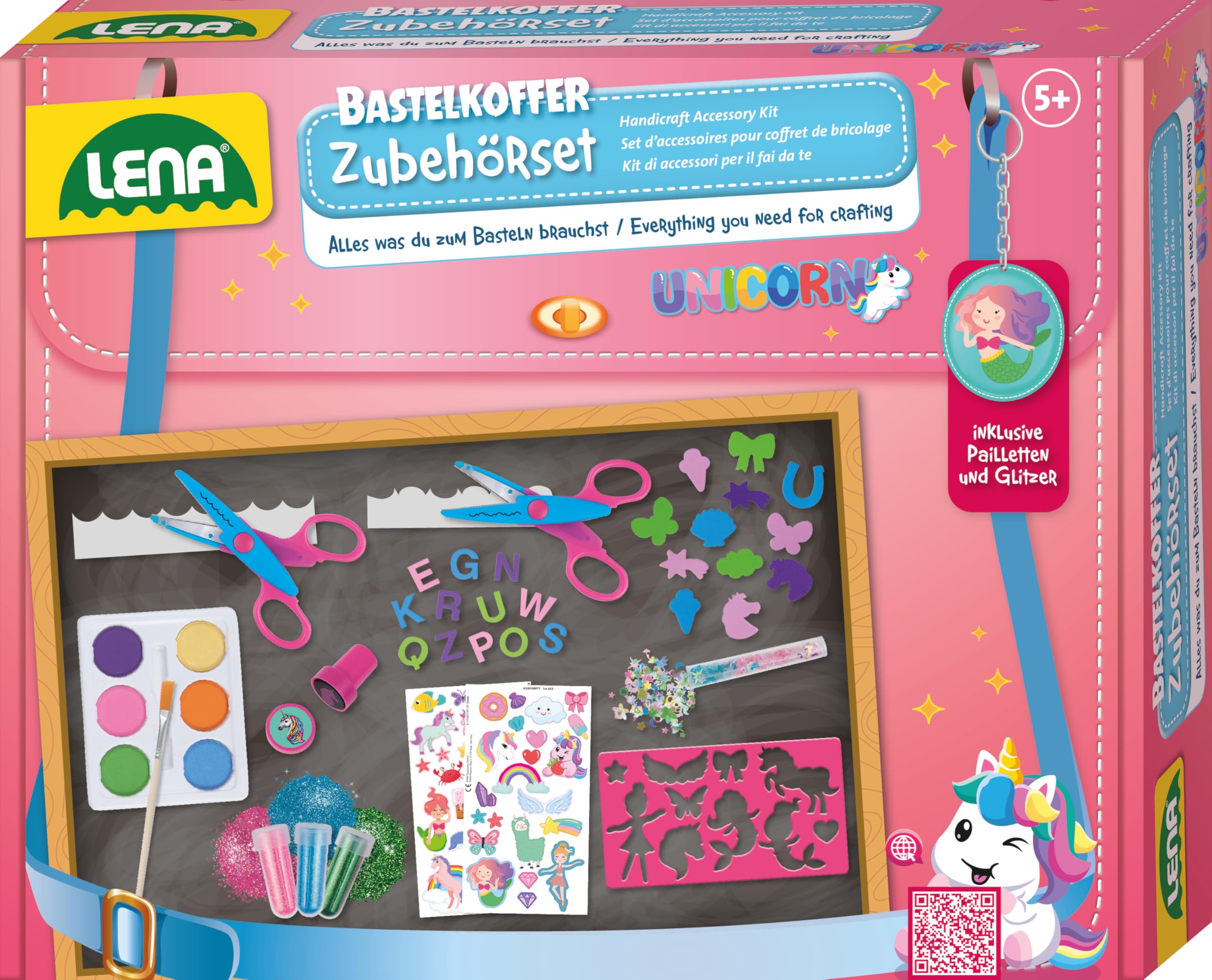 Lena® Bastelkoffer Zubehörset – 350 Teile: Konturscheren, Stempel, Wasserfarben, Pinsel, Sticker, Pailletten & mehr – Bastelset für Kinder ab 5 Jahren