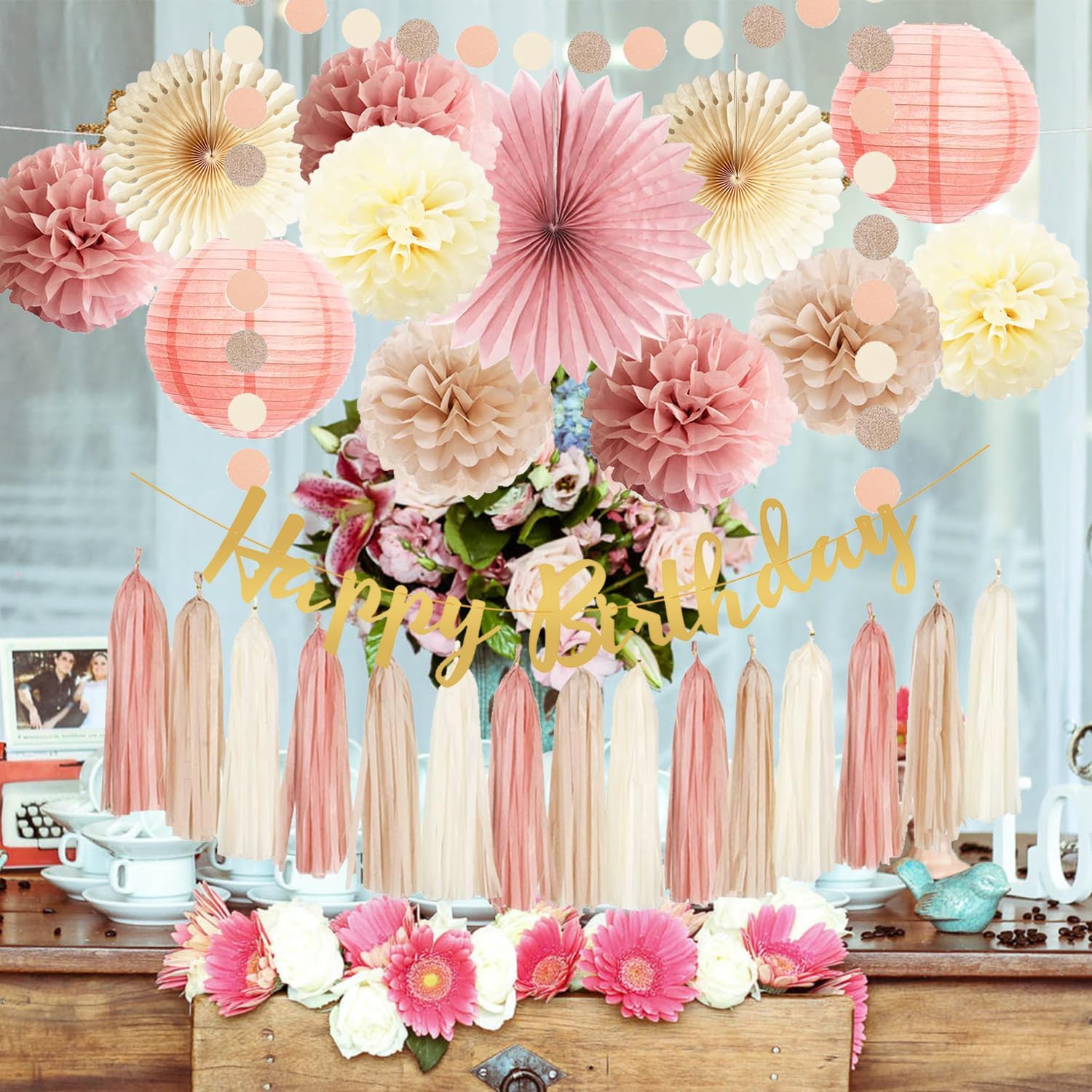Blush Pink Champagne Beige Happy Birthday Party Decorations Dusty Pink Paper Lanterns Tissue Pom Poms Beige Paper Fans Tassel Garlands for Women Girls Birthday Boho Baby Shower Decoration