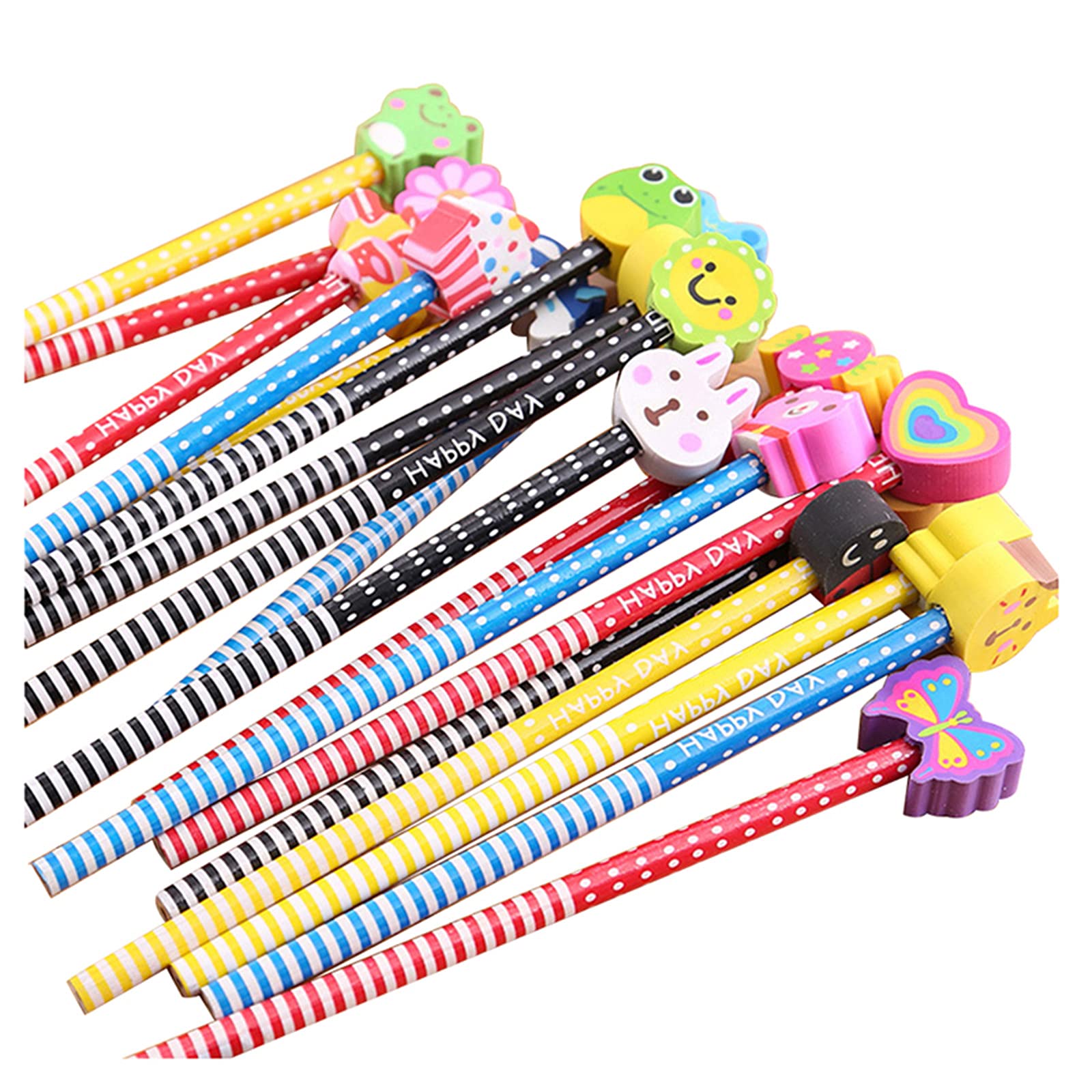 Suneast12Pcs wooden graphite pencils set with cartoon rubber erasers, pencils with Rubbers on the end for Kids/pre Filled Party Bags for Kids/Giveaway Gift School Rewards