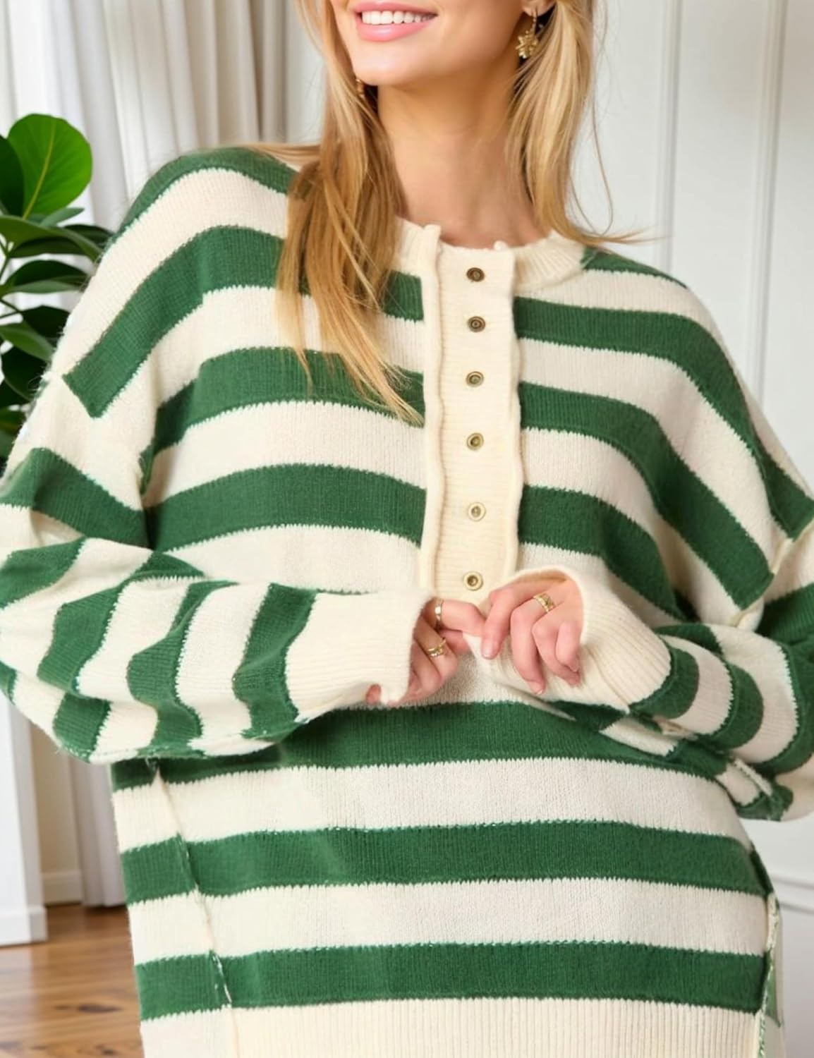 InterNos Women's Long Sleeve Striped Pullover Sweater Button Down Henley Style Knit Sweatshirt Jumper Tops - Image 5