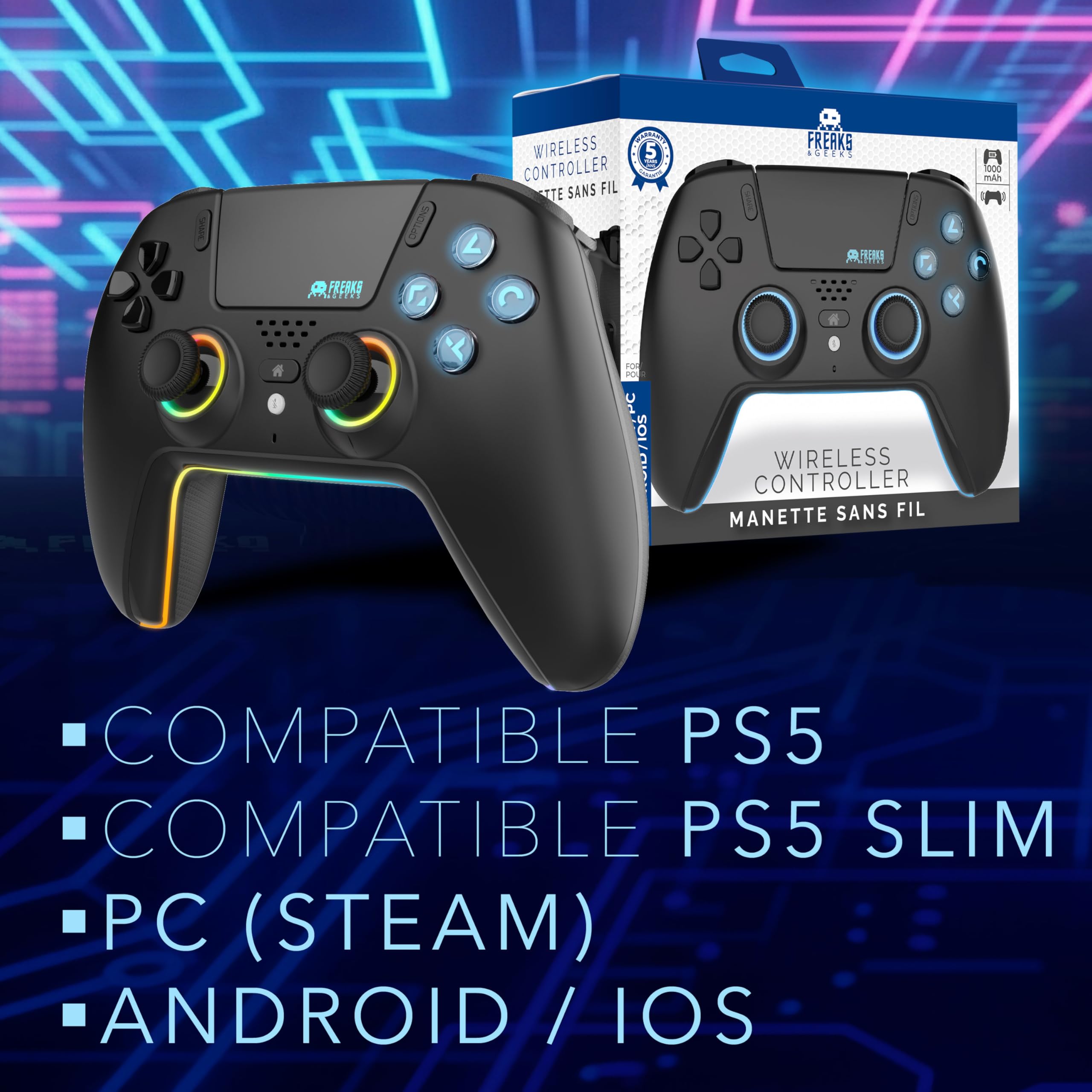 Freaks and Geeks-Mando Bluetooth para PS5 LED (Negro)