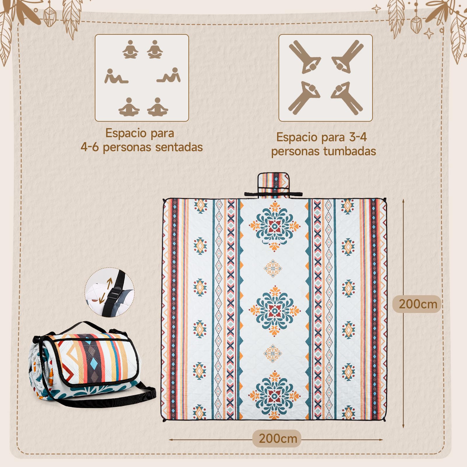 HAUSPROFI Manta de Picnic Boho 200x200 cm, Impermeable y Aislante - Mantel Picnic Grande para Playa, Camping, Aire Libre. Plegable & Acolchada, Portátil, Asa & Piquetas, Lavable e Indeformable