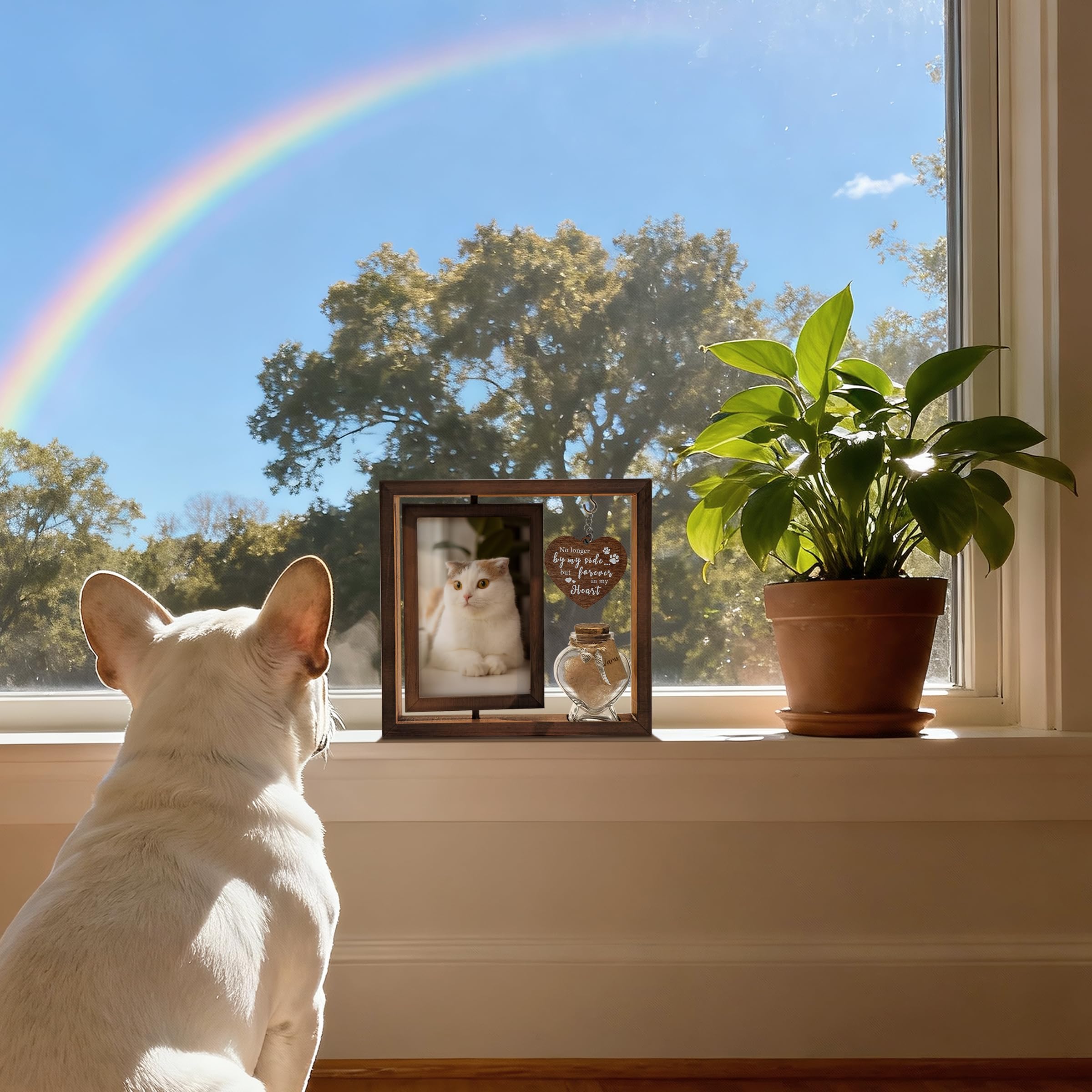 Cat Memorial Gifts for Loss of Cat - Rotating Wooden Frame for 4x6 Photo & Fur Hair Jar - Sympathy Gift for Pet Bereavement, Remembrance Keepsake - Rainbow Bridge Gift for Cat Lovers
