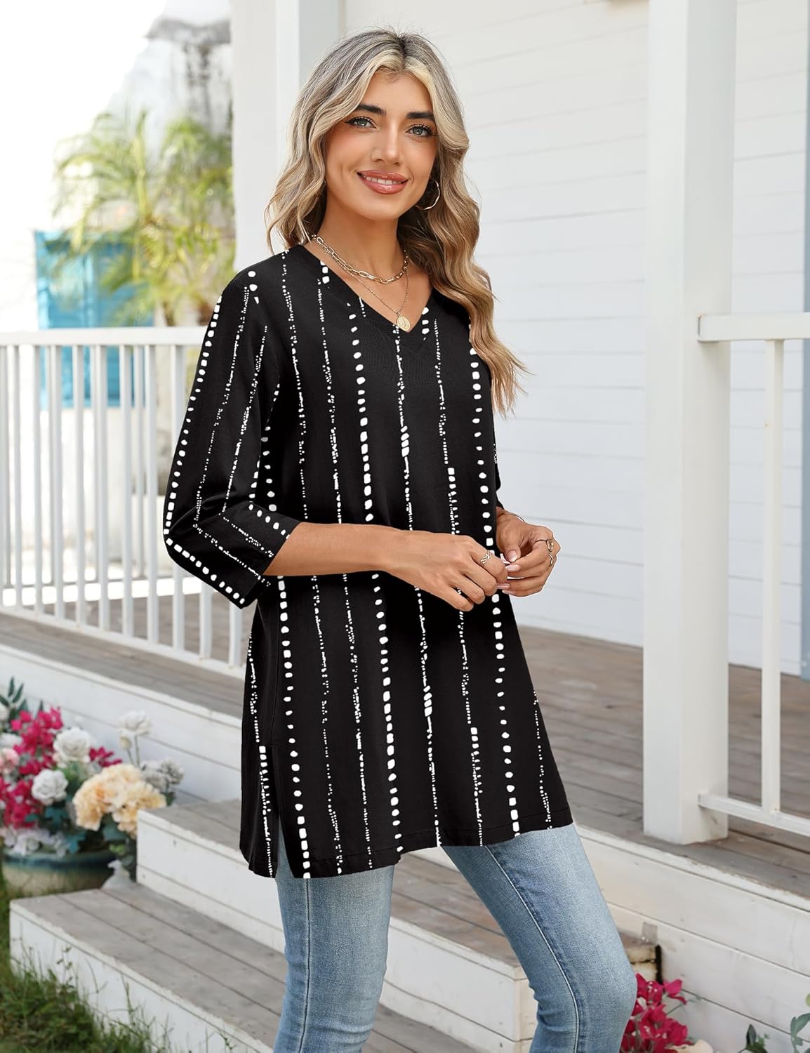 AKEWEI Womens Blouses Casual 3/4 Sleeve Tops for Women V Neck Tunics to Wear with Leggings Swing Flare - Image 4