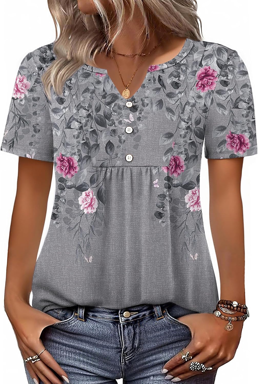 Zeagoo Womens Short Sleeve Tops Summer Henley V-Neck Tshirts Casual Pleated Blouse Dressy Loose Floral Basic Tee