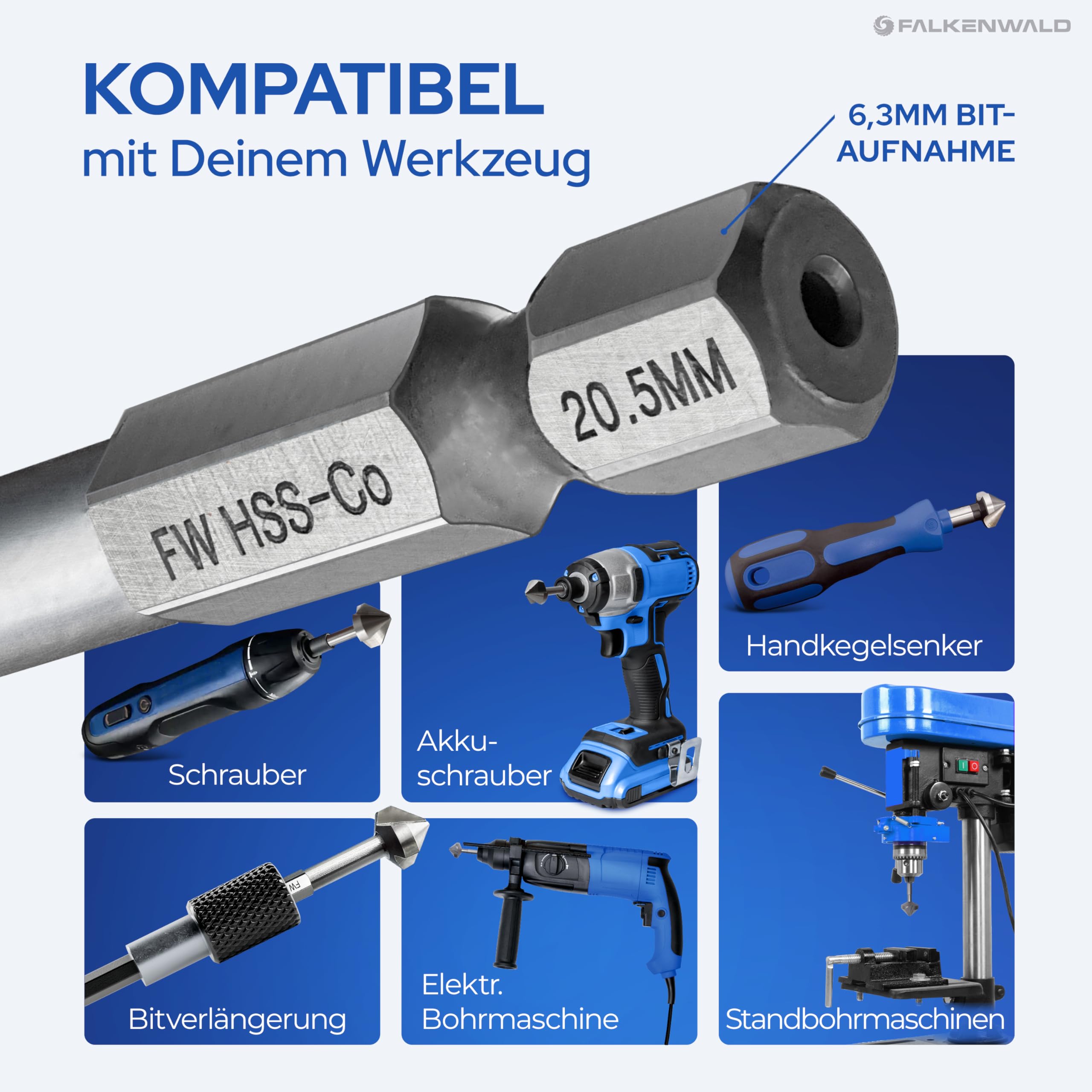Falkenwald Kegelsenker Set aus HSS-CO Stahl [6-teilig inkl. Aufbewahrungsbox] - Senkbohrer Holz Ø 6,3-20,5 mm - Senker Holz - Senker Metall Kegelsenker Metall