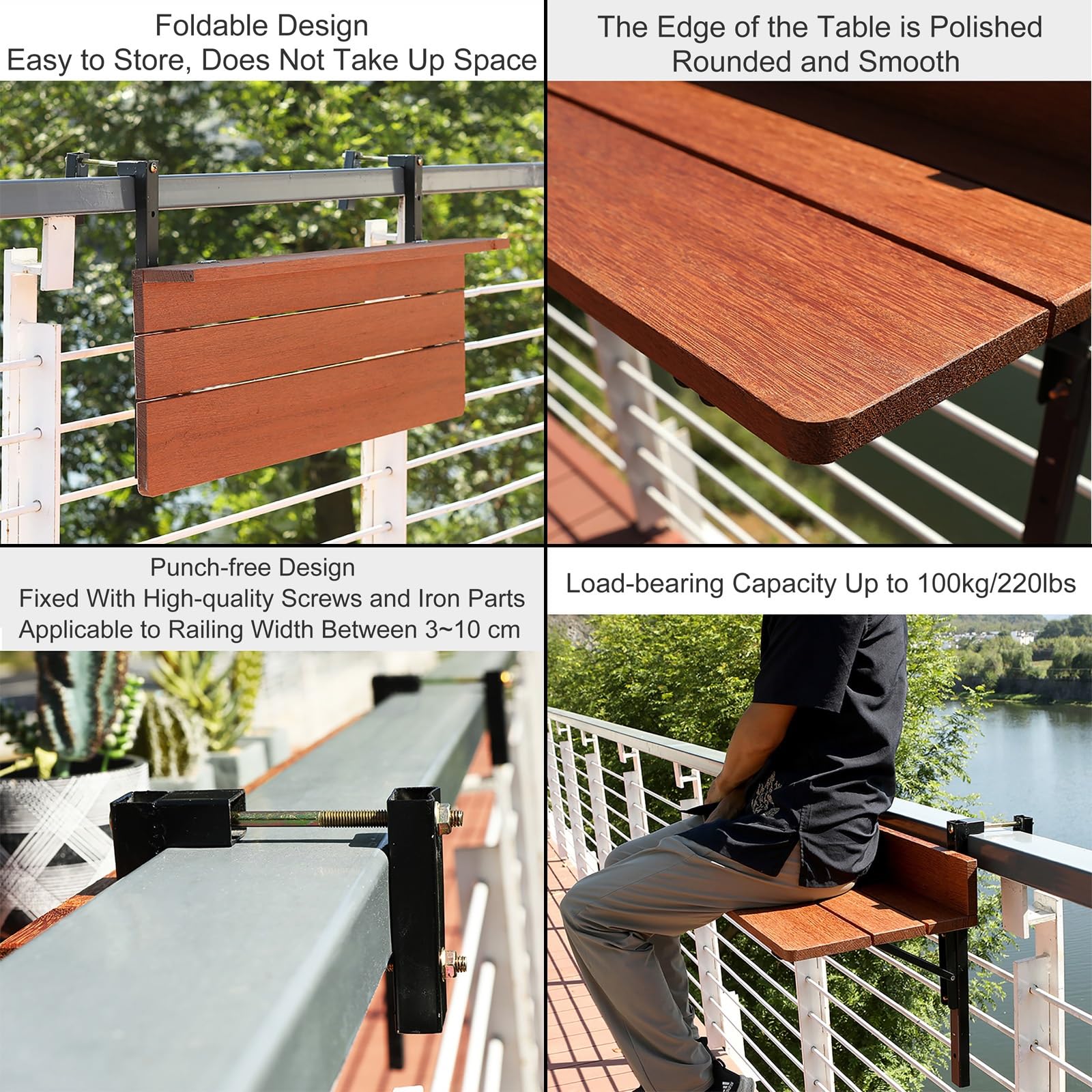 Tavolo pieghevole per ringhiera per balcone, altezza regolabile da 2,5 cm a 10,2 cm, perfetto per piccoli spazi, facile da installare, design compatto per uso esterno e interno
