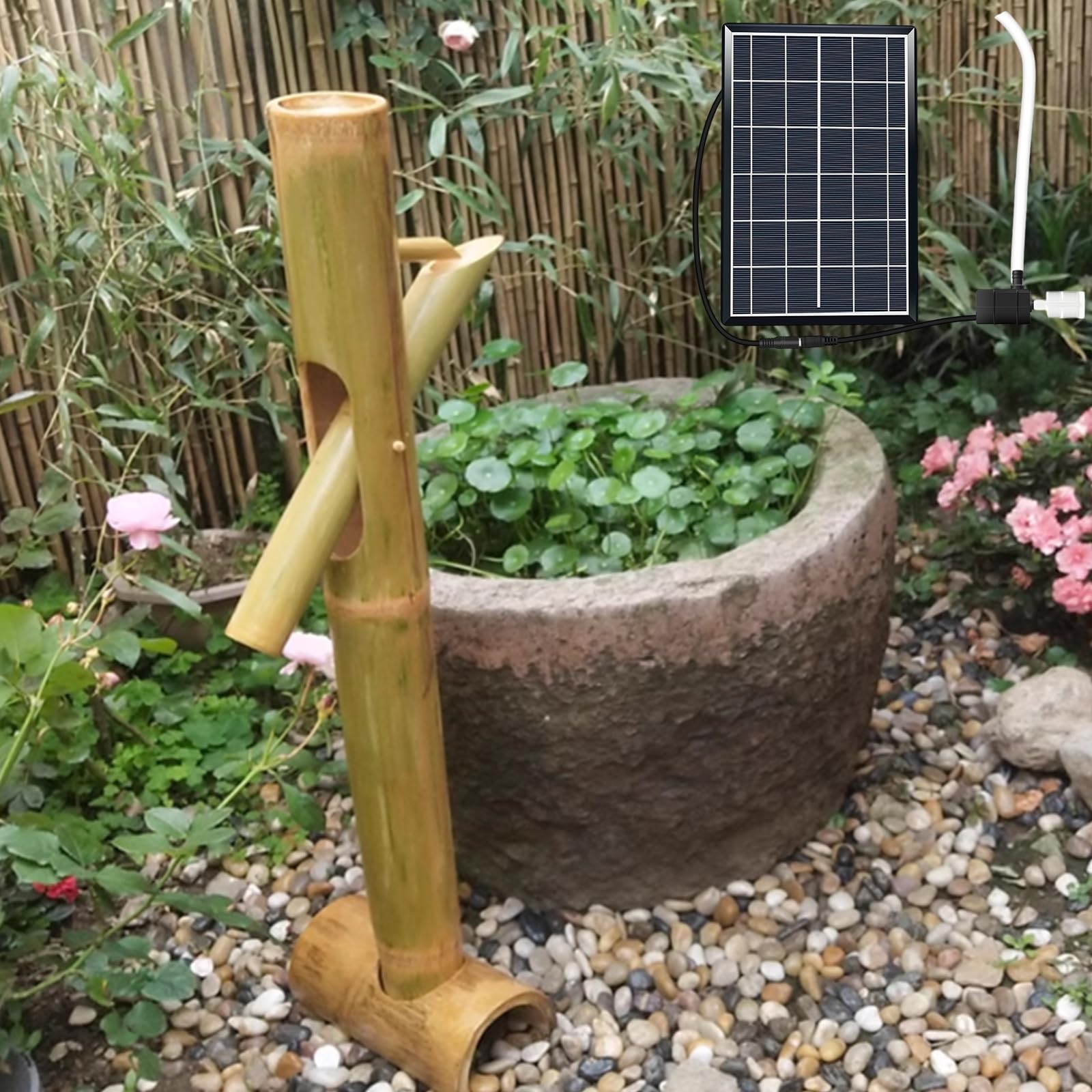 Kit De Fontaine Solaire en Bambou, Fontaine À Bascule Traditionnelle Japonaise avec Pompe, Traitement par Carbonisation, Fontaine Zen D'extérieur pour Jardin, Patio Ou Cour(70cm)