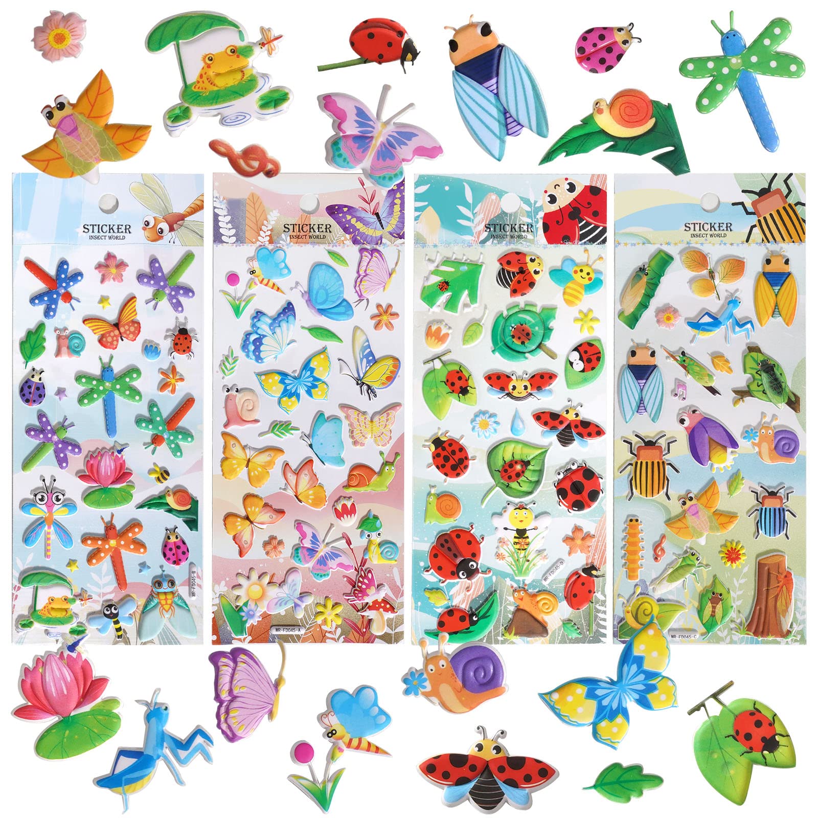 Puffy Insect Stickers for Kids Toddlers,3D Foam Bug Sticker with Ladybug Butterfly Praying Mantis Caterpilla Dragonfly Stickers and Small Worm Sticker for Preschool,4 Pack.