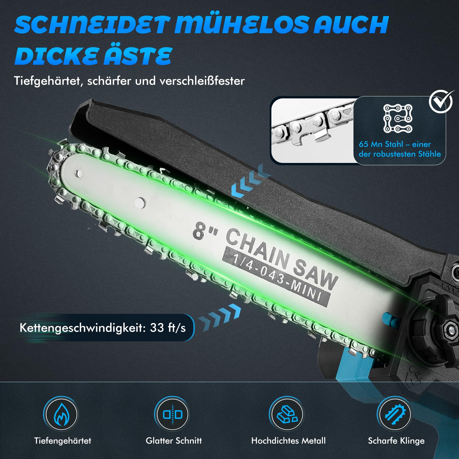 2-in-1 Akku Hochentaster 8-Zoll Mini-Kettensäge, Bürstenloser Motor, 2 x 3000 mAh Batterien, drei einstellbaren Höhen für Baumschnitt