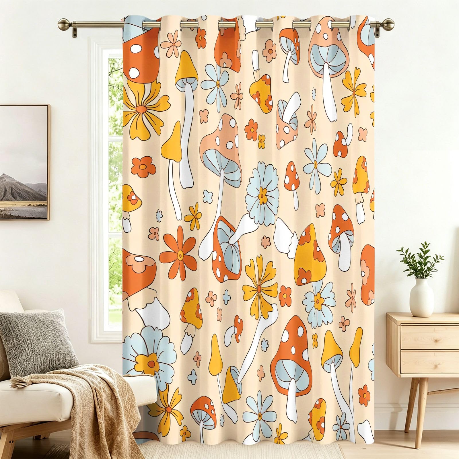 Fadaing Room Divider Curtains, Blackout, Retro Cartoon Mushroom Curtains with Eyelets, 1 Piece, 229 x 132 cm, Blackout Thermal Curtains, Heat Insulating, Winter, Summer, Thermal Protection, Indoor Sun