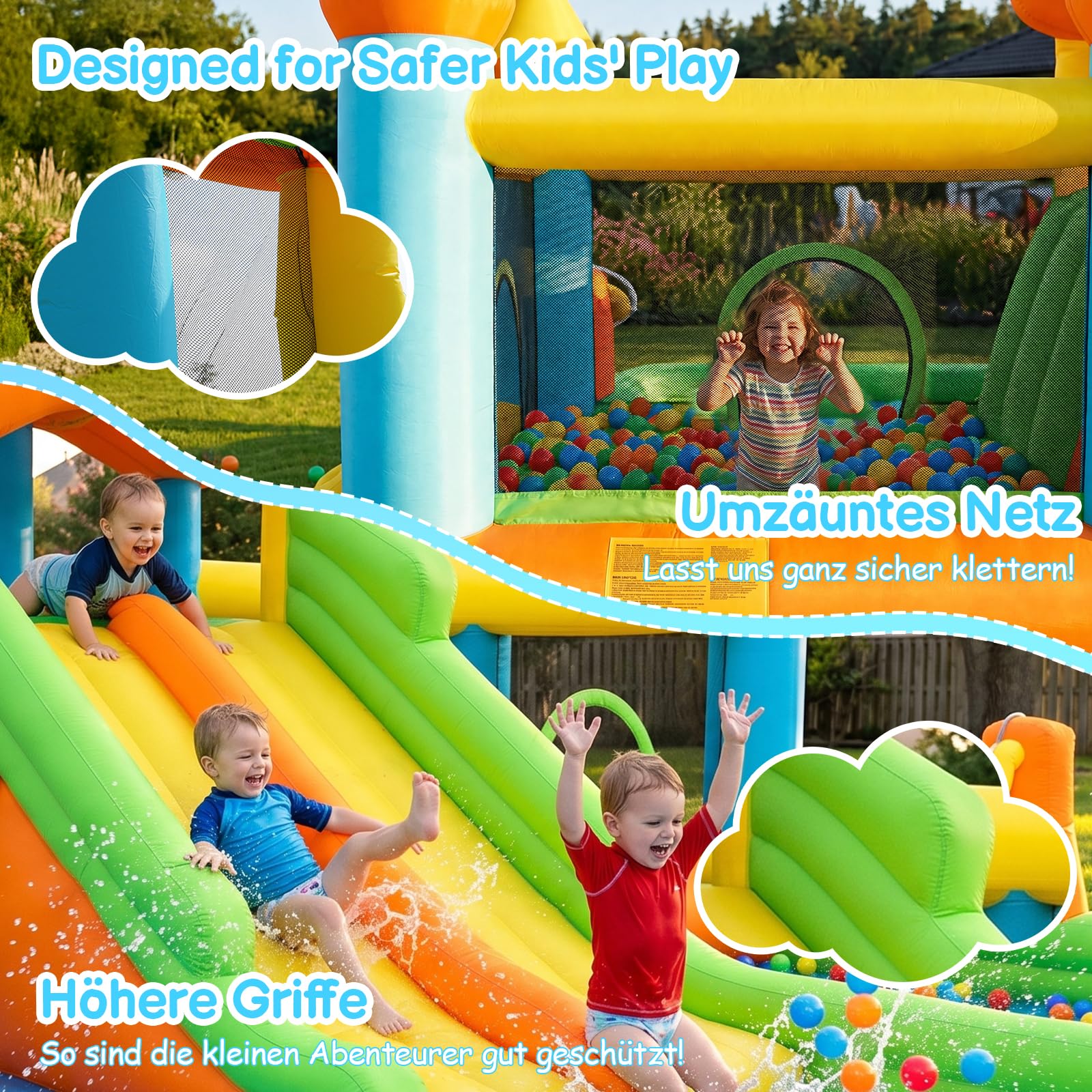 FOOING Gran tobogán acuático inflable con 2 toboganes y piscina infantil para niños, castillo hinchable con dos pistas para fiestas en el jardín y en el patio, diversión de verano al aire libre