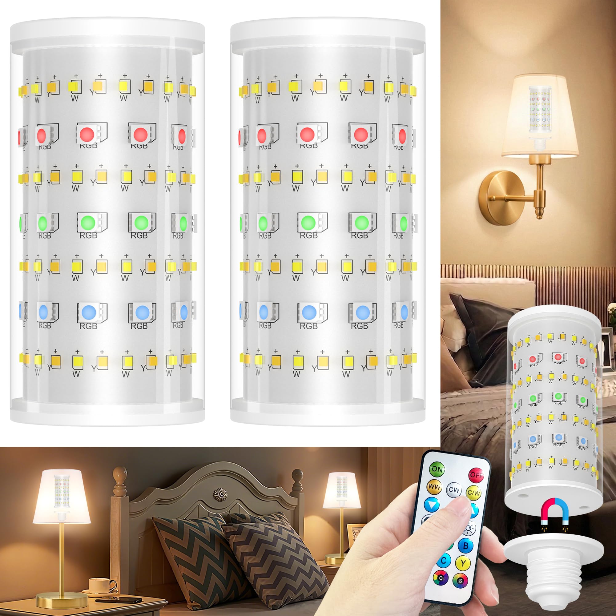 Nekhung 2 Packungen wiederaufladbare Glühbirnen für Lampe, batteriebetriebene Glühbirne 10000 mAh Akku-Beleuchtungszeit bis zu 70 Stunden, RGB dimmbare kabellose Glühbirne mit Fernbedienung für