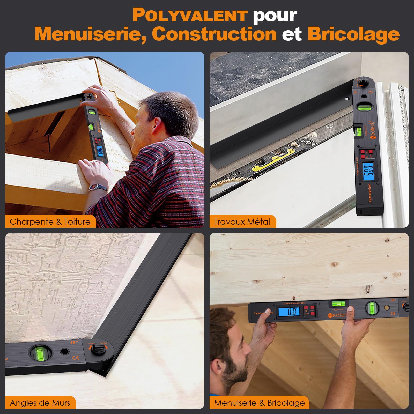Neoteck 400mm/0~225°Rapporteur d’Angle Numérique – Règle Angle avec Niveau Bulle, Écran LCD Rétroéclairé, Fonction HOLD, Étui et Pile – Outil de Mesure Précis pour Menuiserie, Toiture, Chantier-Noir