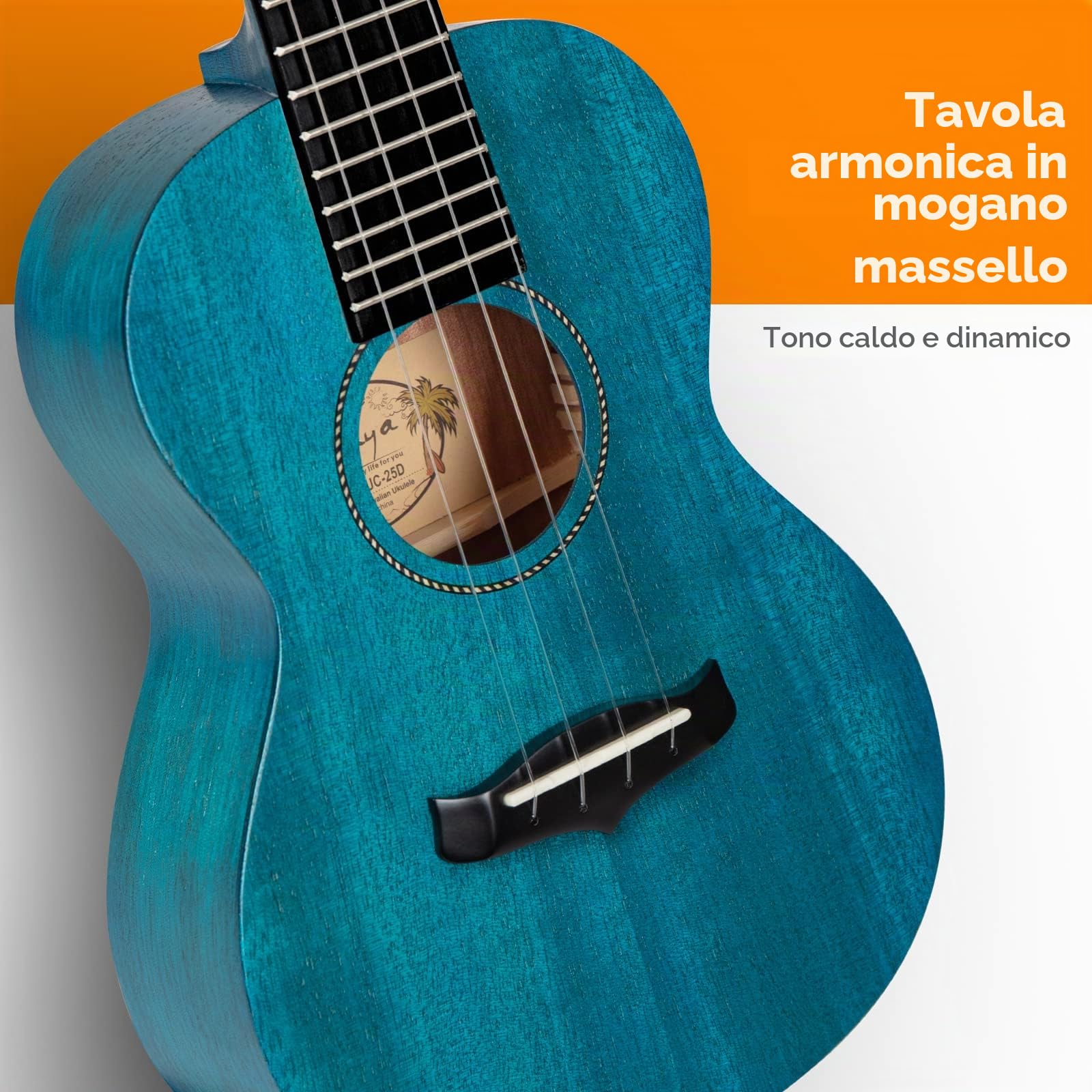 Ukulele Concerto Enya EUC-25D BU 23 pollici blu ukelele con top in mogano massiccio, borsa imbottita, accordatore, tracolla, capotasto, corde di scorta, plettri, panno per la pulizia, fingershaker