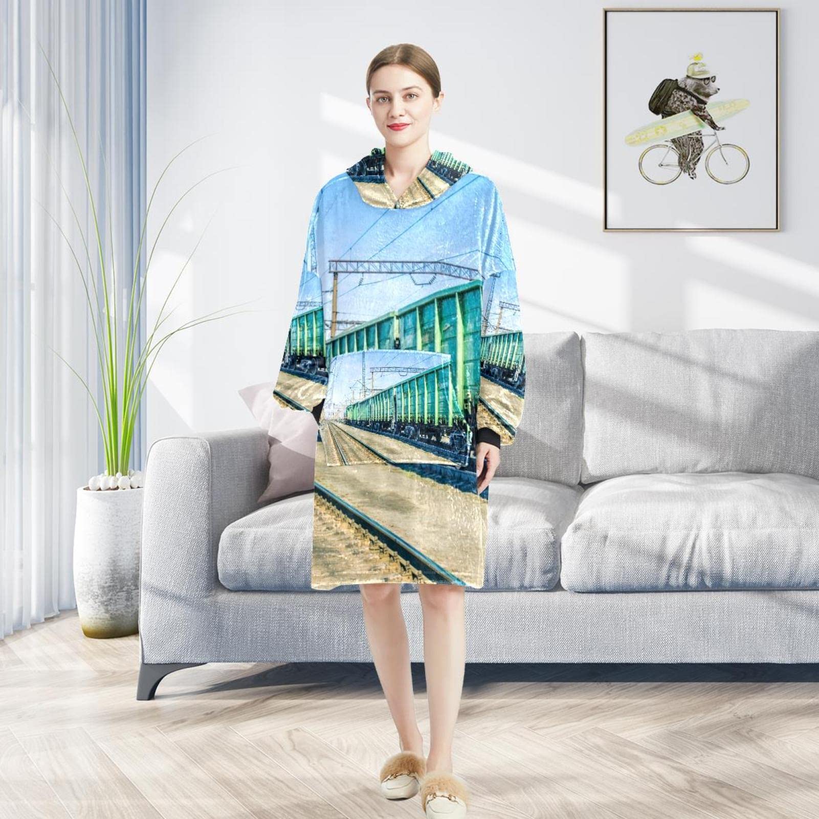 Bluza z kapturem z motywem toru pociągowego, oversize z kapturem dla kobiet, wygodna bluza, wielobarwny, rozmiar uniwersalny