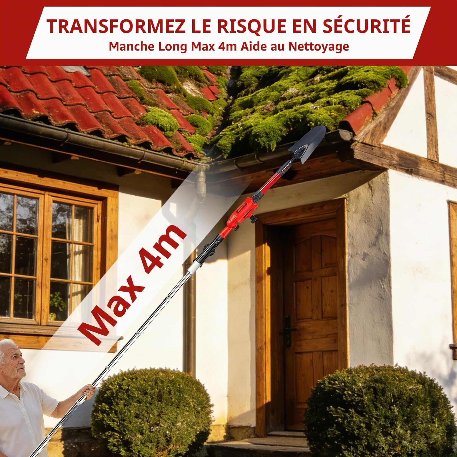 Nettoyeur de gouttières avec manche télescopique de 4 m, kit de nettoyage de gouttière télescopique 3-en-1, avec tête pivotante à 180°, râteau, pelle et brosse de gouttière pour feuilles, saleté
