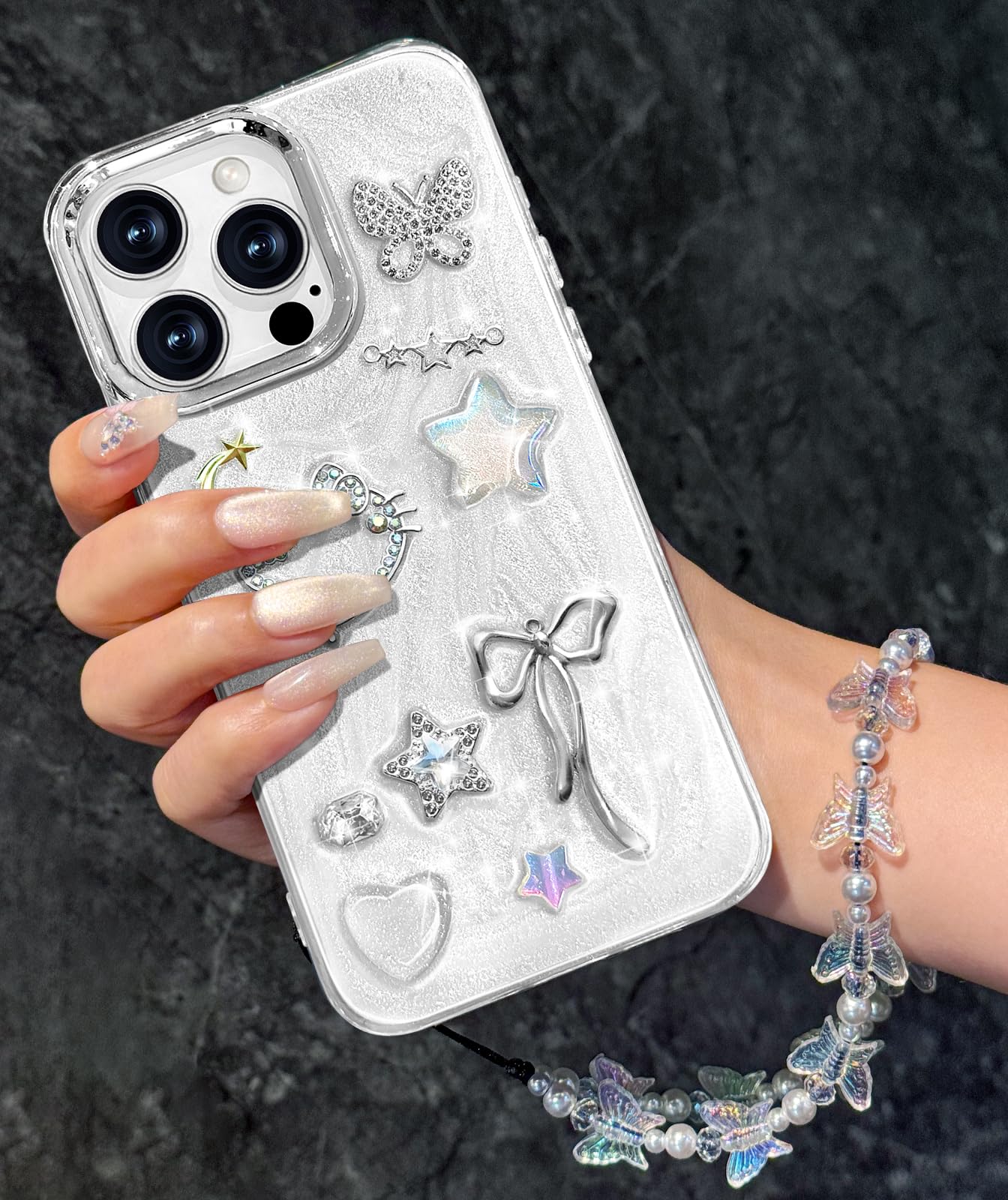 Toycamp for iPhone 16 Pro Case - for Women Girls Cute Girly Kawaii Cartoon 3D Cat Star Bow Design with Charm Butterfly Wrist Chain Phone Cover