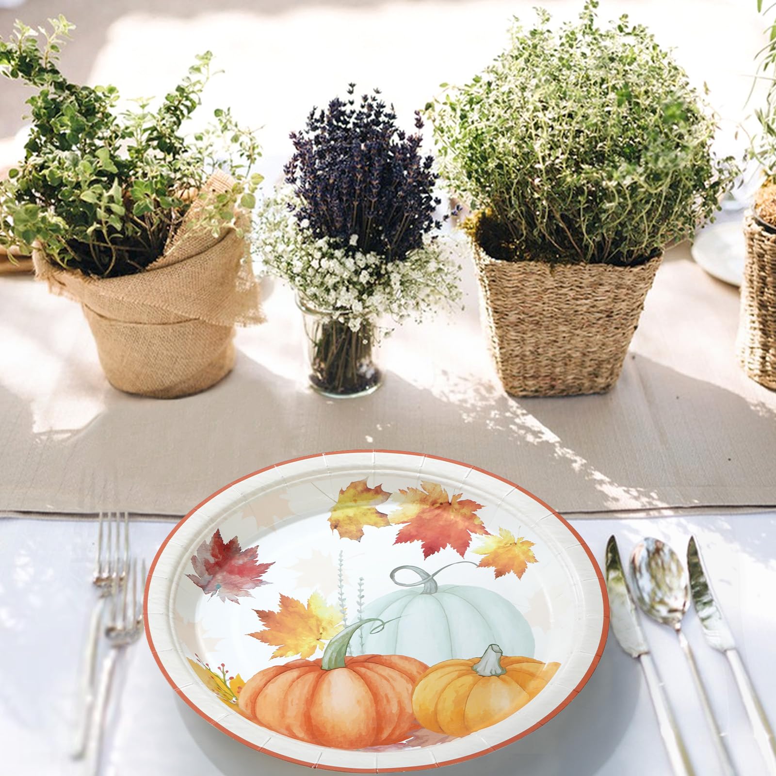 Aquarell-Pappteller & Servietten-Set Für 20 Personen – Herbstmotive, Kariert, Ideal Für Thanksgiving & Herbstpartys