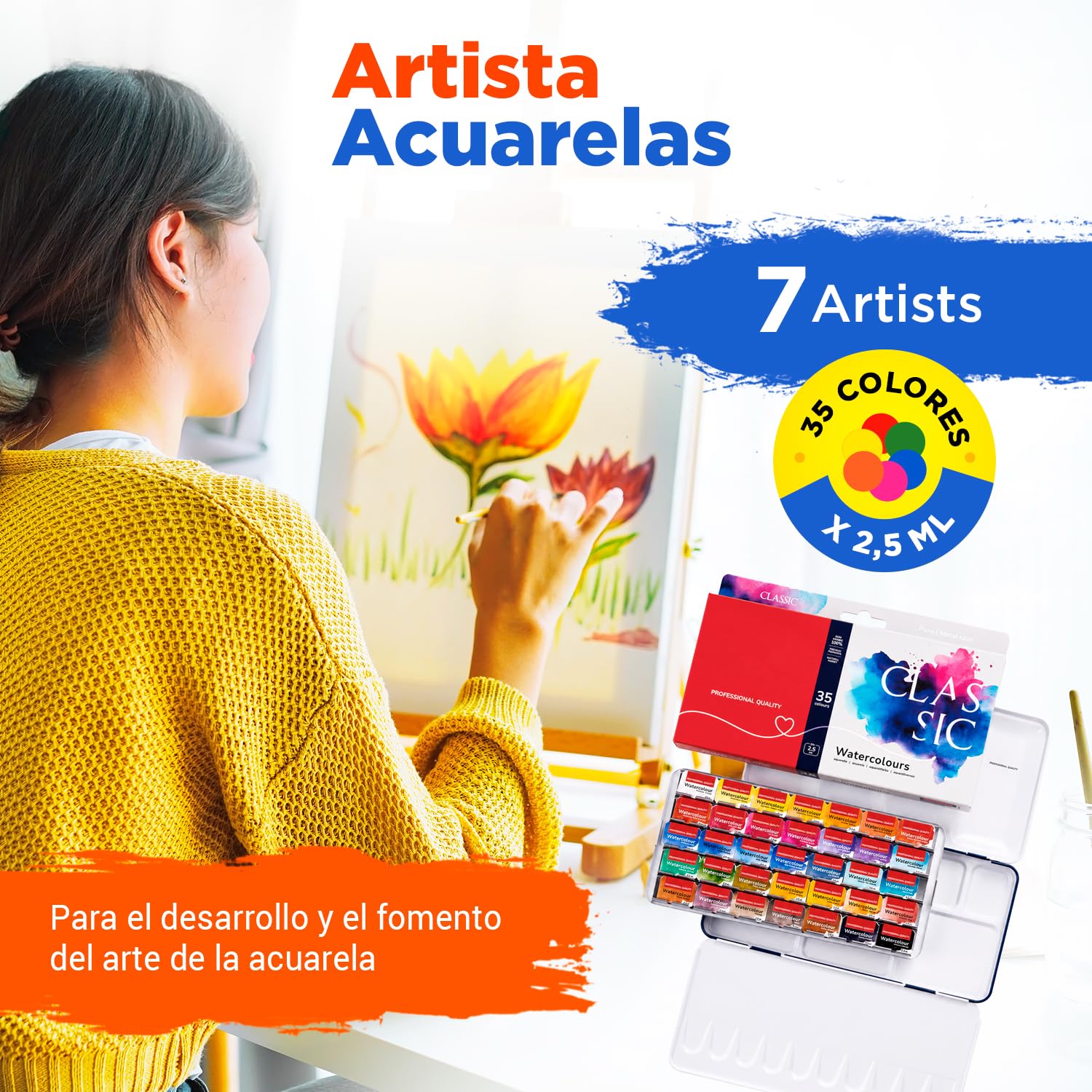 Acuarelas Profesionales – 35 x Pastillas Set Acuarelas Сlásico | Kit Acuarela Portatil en Caja Metalica | Pack Pintura Acuarela | Watercolor Set