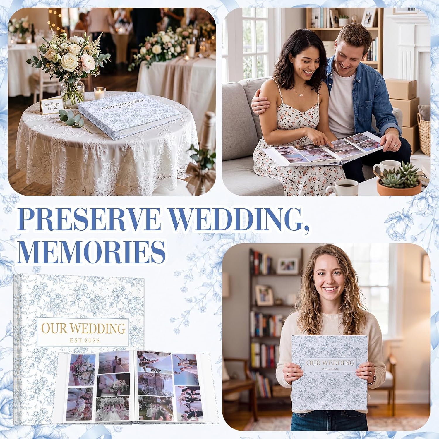 Wedding Photo Album 4x6 400 Pictures Blue Floral Vintage Bridal