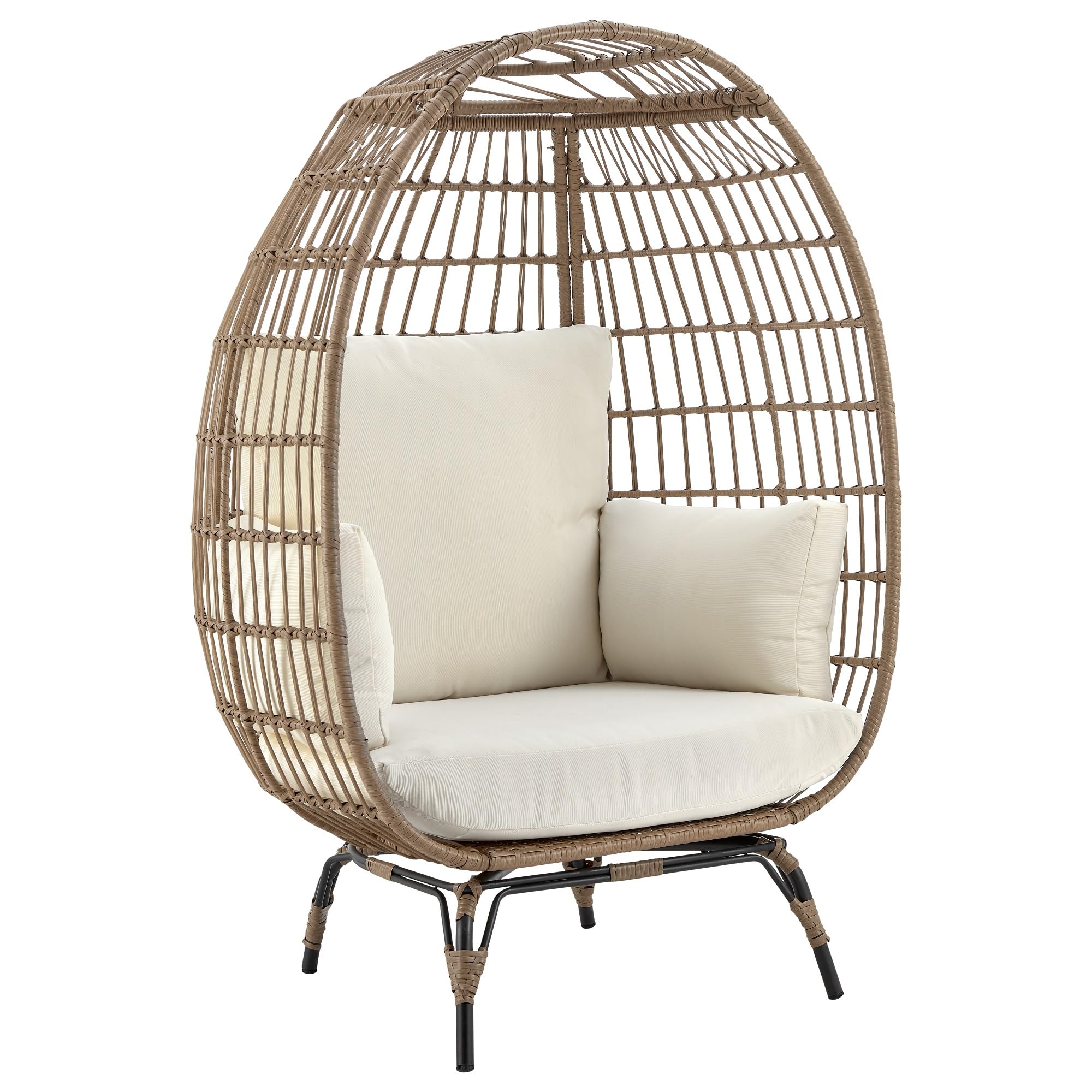 Manhattan Comfort Spezia Modern Freestanding Outdoor Egg Chair, Removeable Waterproof Fabric Cushions with Zipper, Rust-Resistant Rattan, Durable Steel Frame, Tan and Cream
