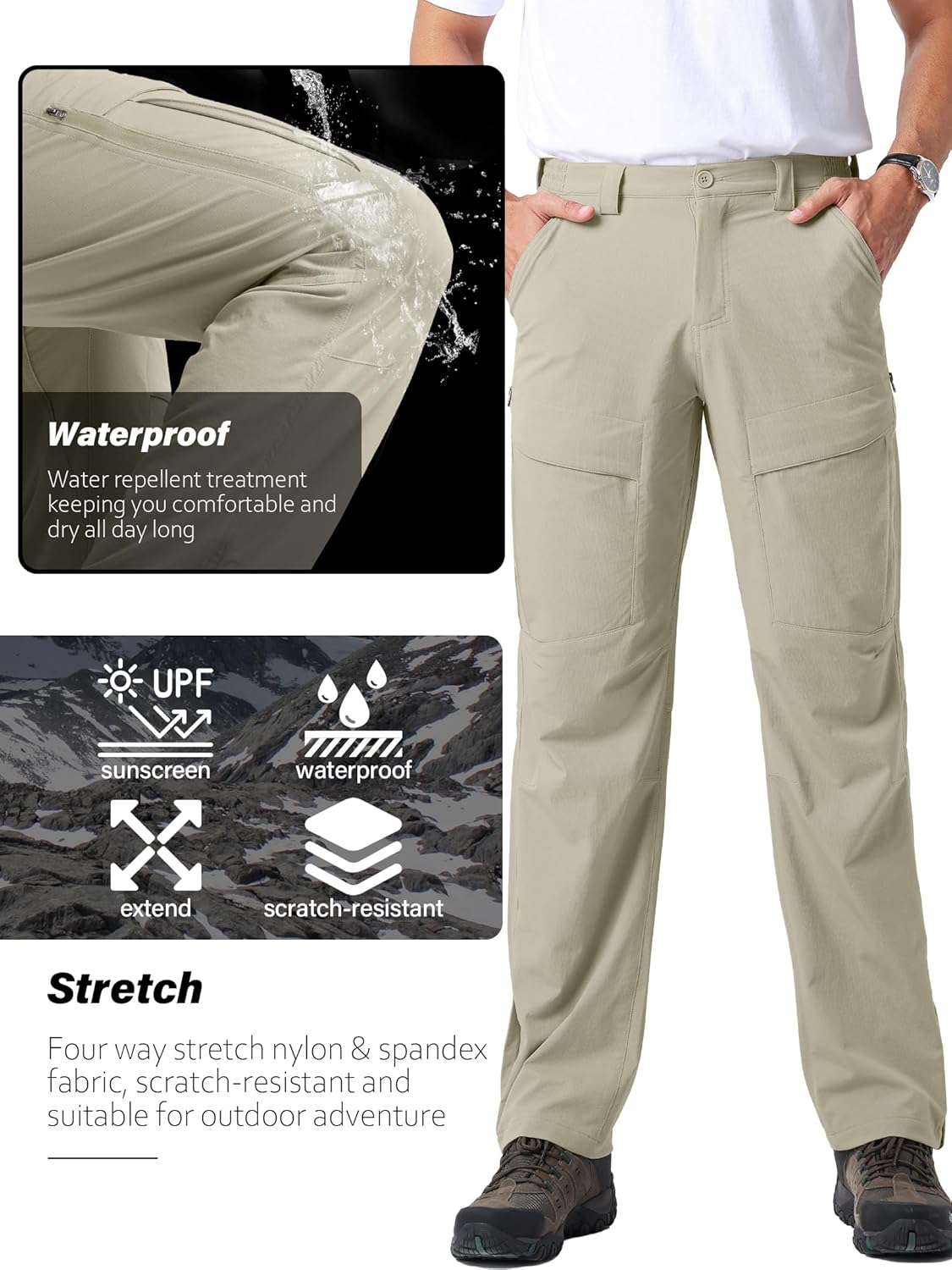 Men's Ripstop Cargo Hiking Pants, Water Resistant Outdoor Work Trousers, Multi-Pocket Pants for Camping Safari